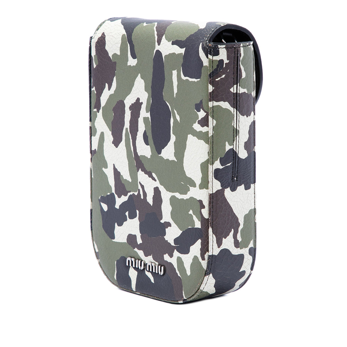 Miu Miu Crystal Embellished Camouflage Print Calfskin Phone Case Crossbody — Green