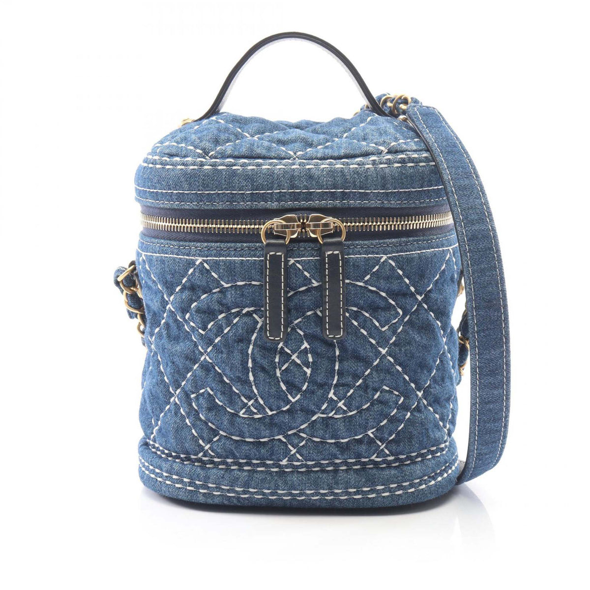 Chanel CC Quilted Denim Trip Vanity Case with Chain