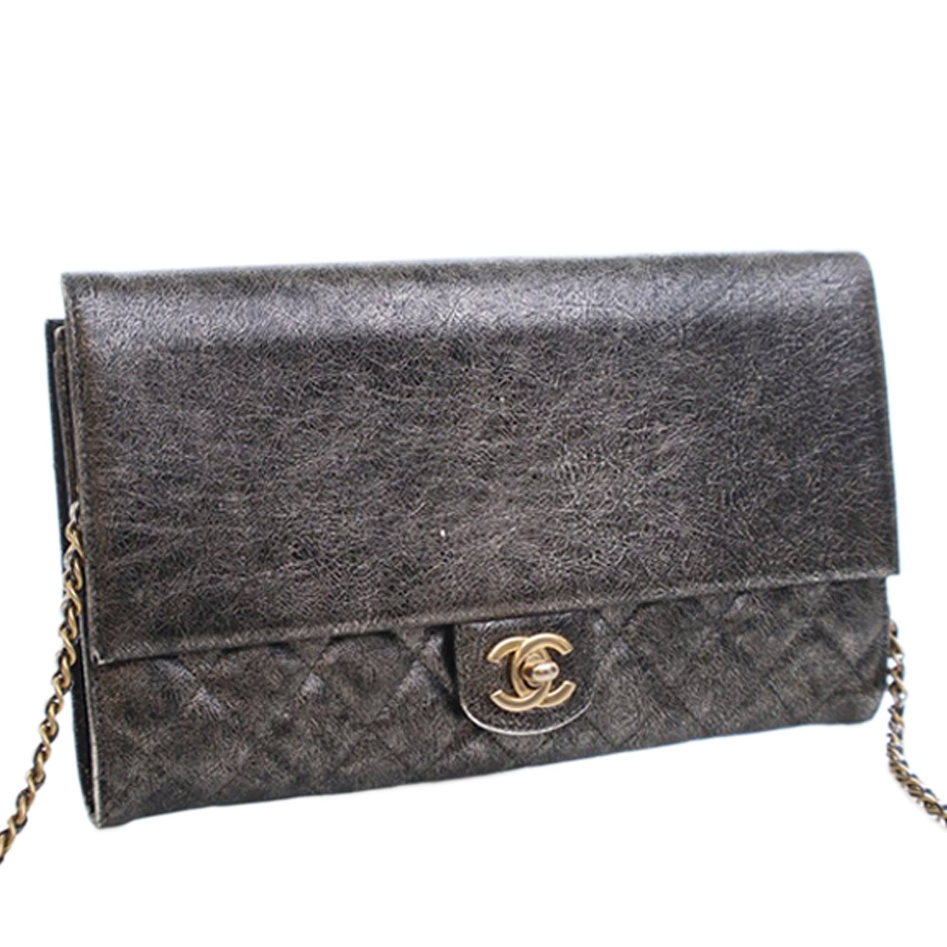 Chanel Cracked Metallic Calfskin Zip Away Chain Clutch