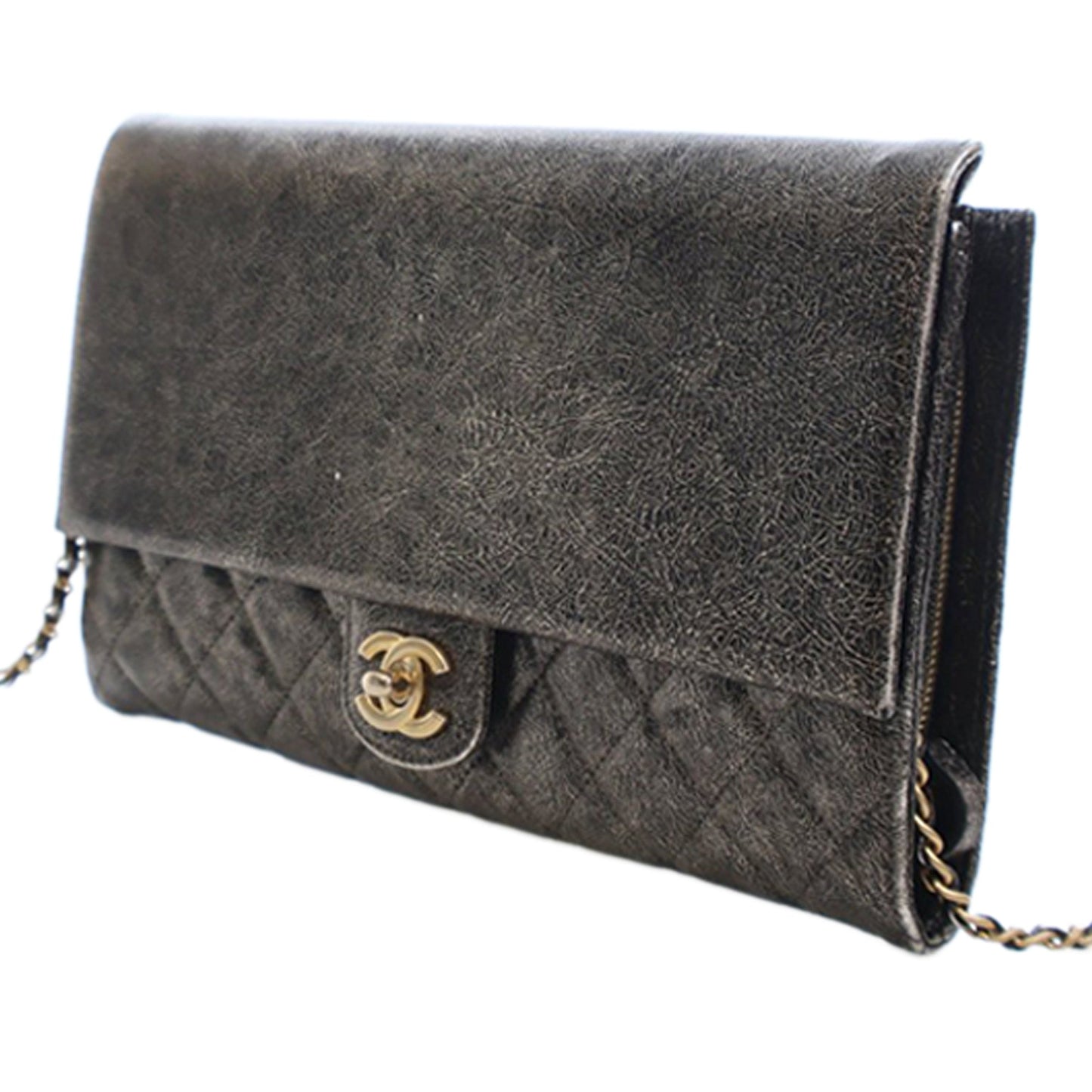 Chanel Cracked Metallic Calfskin Zip Away Chain Clutch