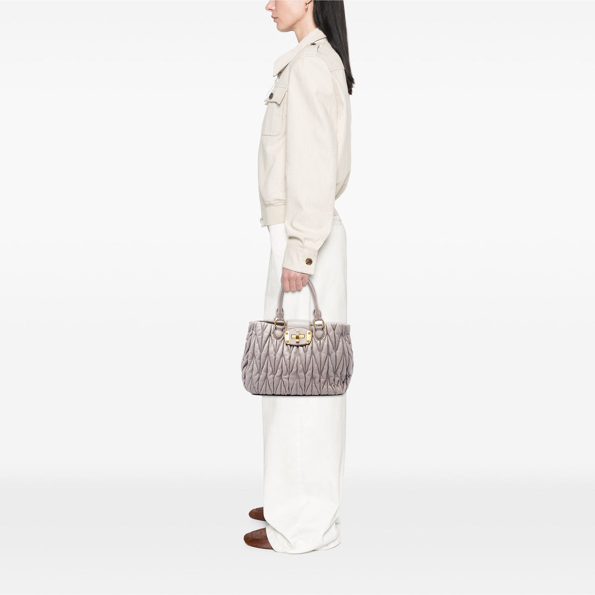 Miu Miu Matelasse Nappa Turnlock Tote — Beige