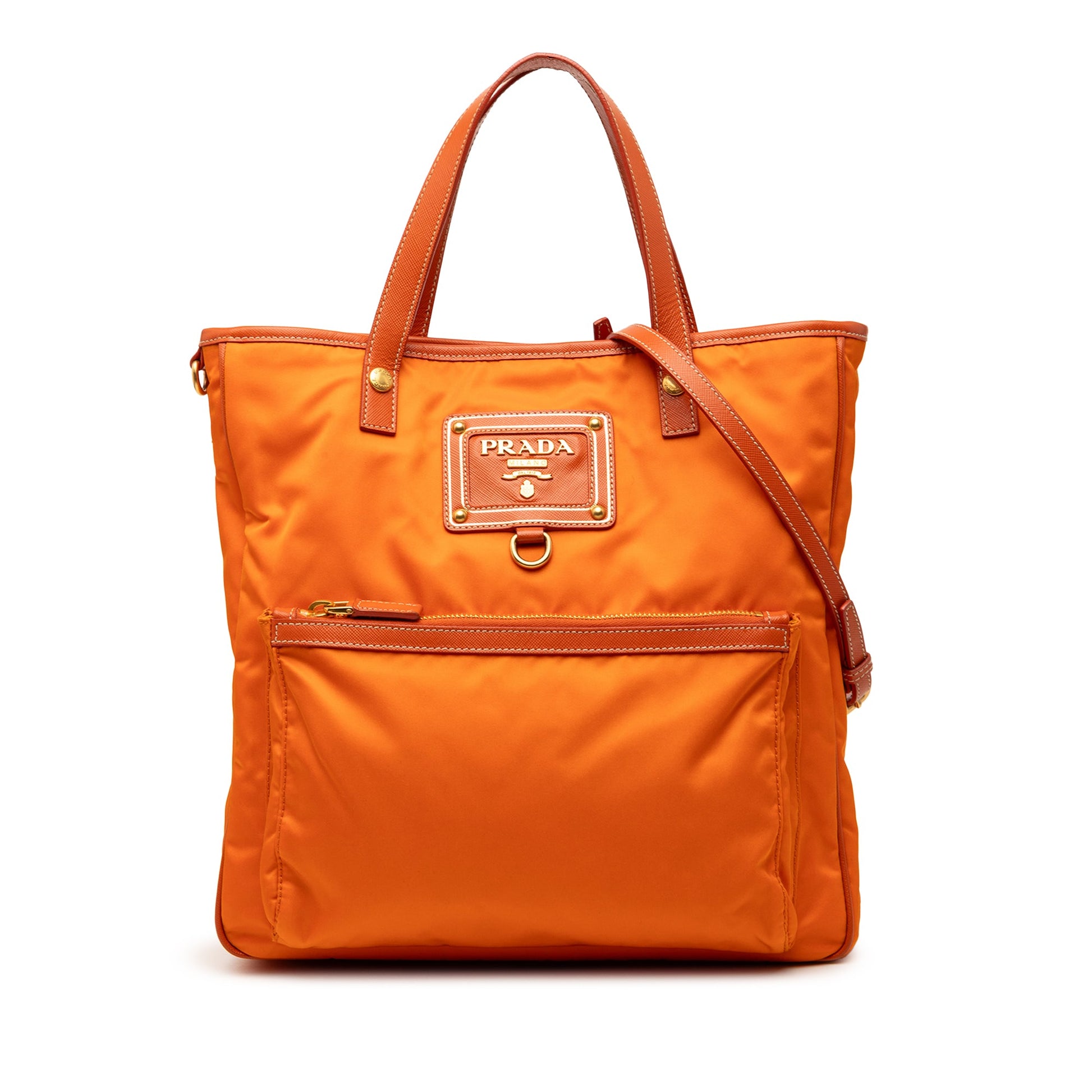 Prada Saffiano Trimmed Tessuto Logo Oro Satchel