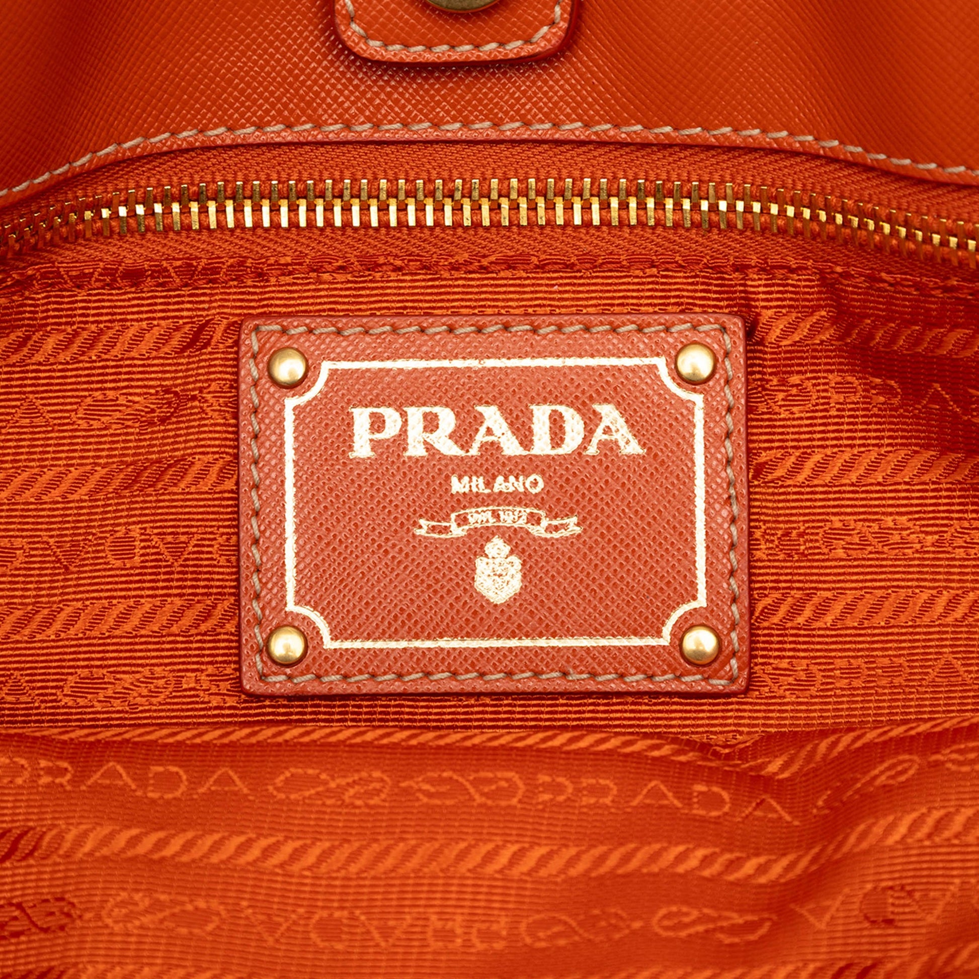 Prada Saffiano Trimmed Tessuto Logo Oro Satchel