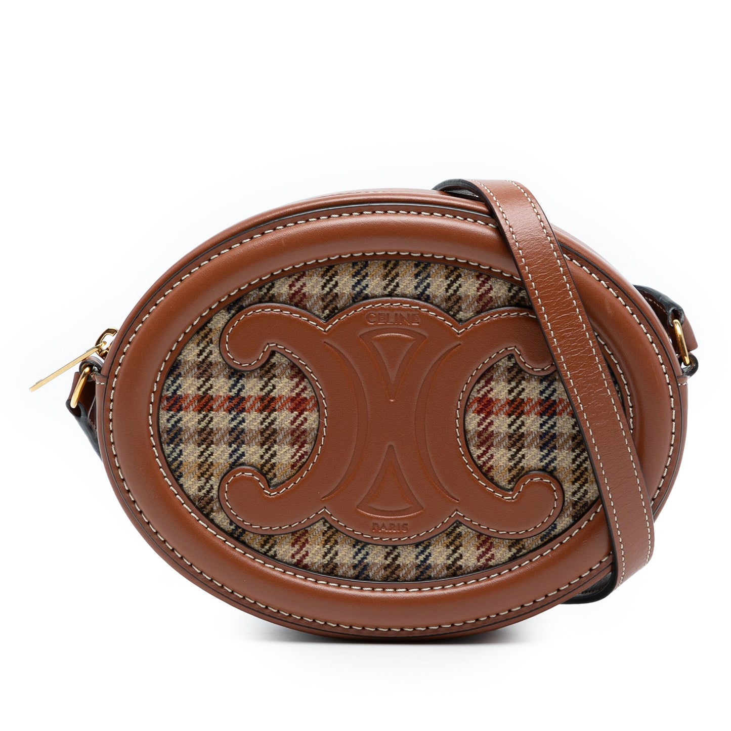 Celine Small Houndstooth Canvas and Calfskin Cuir Triomphe Oval Crossbody