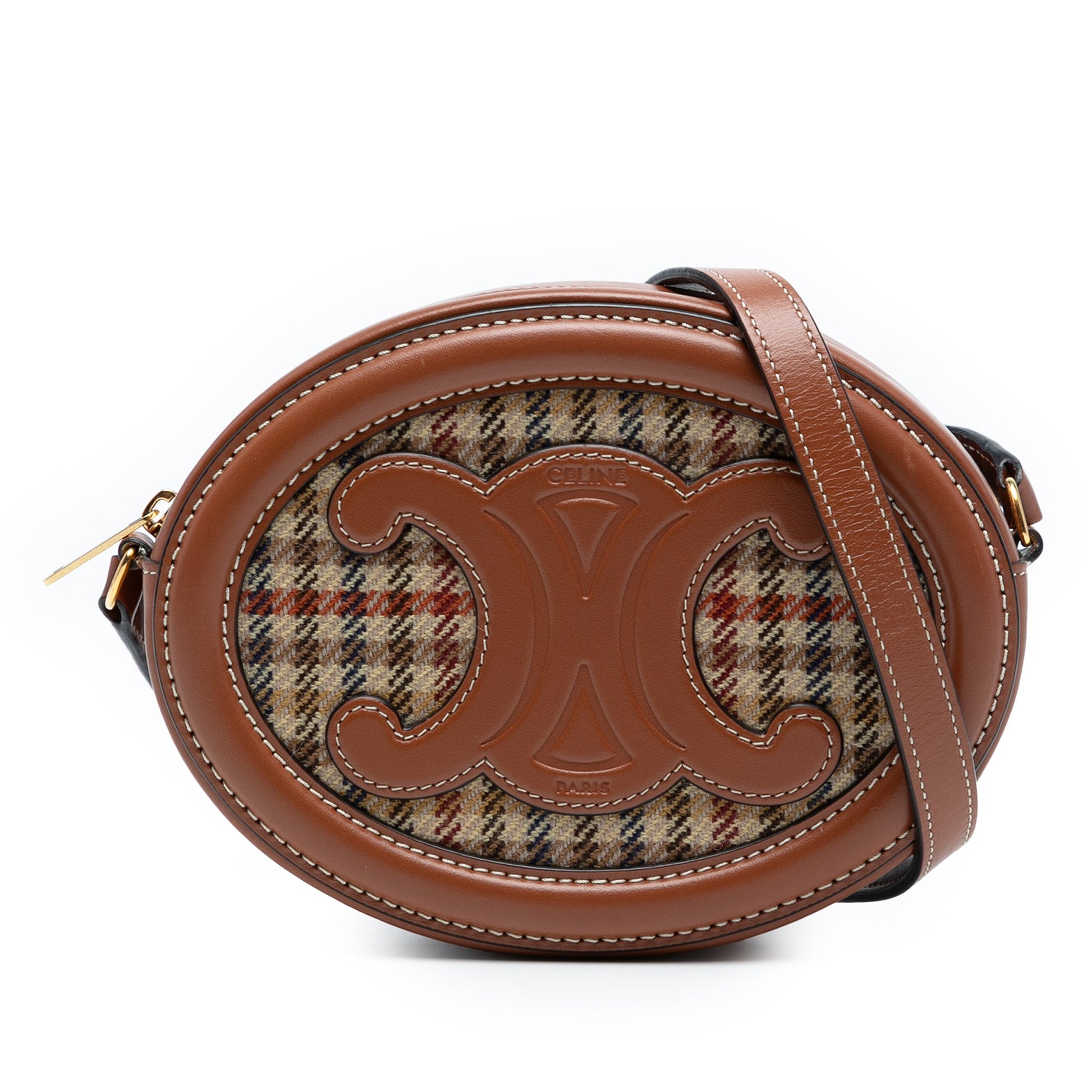 Celine Small Houndstooth Canvas and Calfskin Cuir Triomphe Oval Crossbody