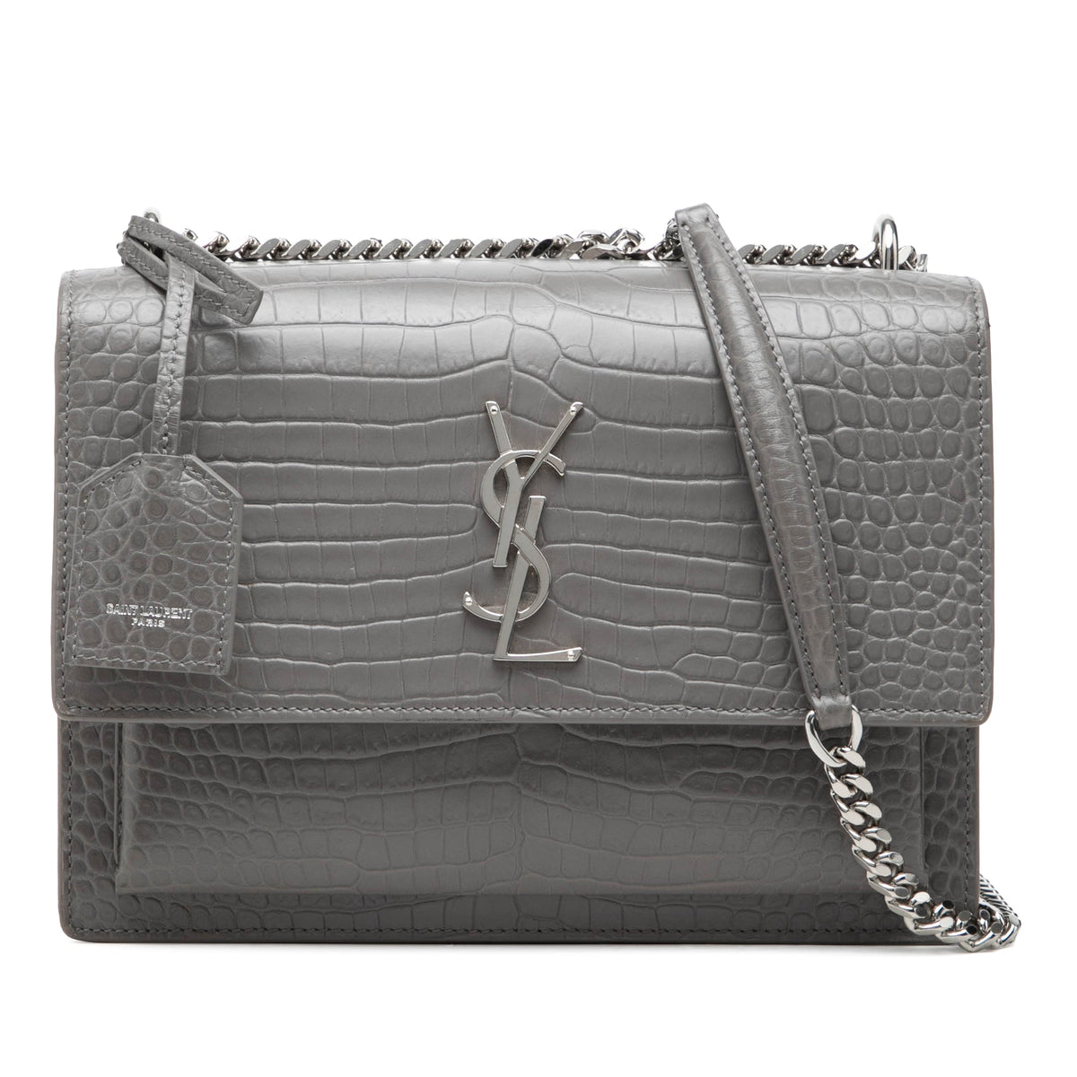 Saint Laurent Medium Croc Embossed Leather Monogram Sunset Crossbody — Gray