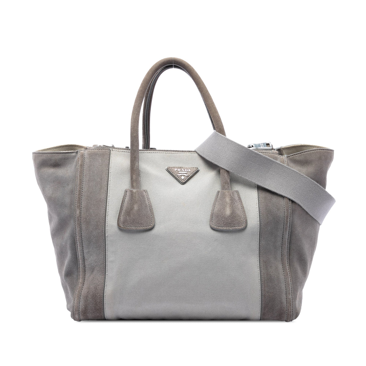 Prada Scamosciato and Canapa Twin Pocket Double Handle Satchel — Gray