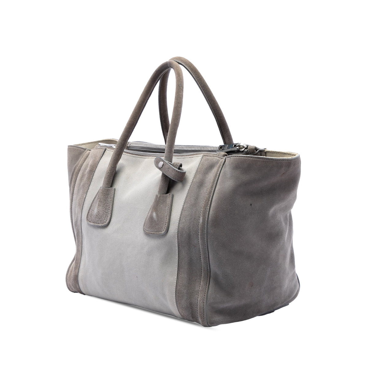 Prada Scamosciato and Canapa Twin Pocket Double Handle Satchel — Gray