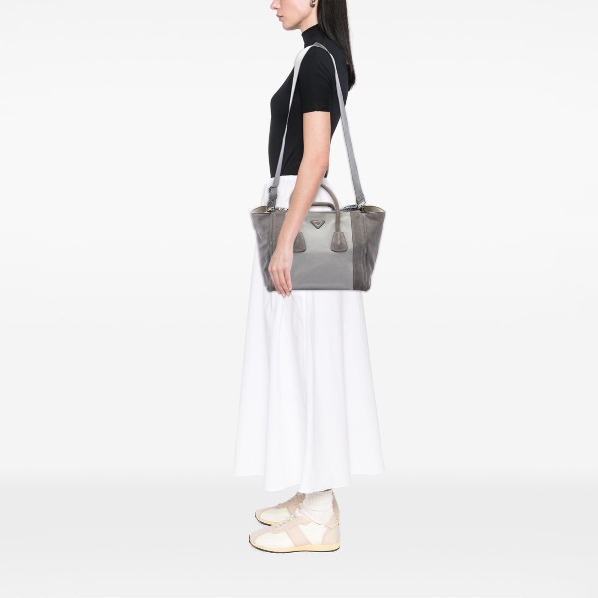 Prada Scamosciato and Canapa Twin Pocket Double Handle Satchel — Gray