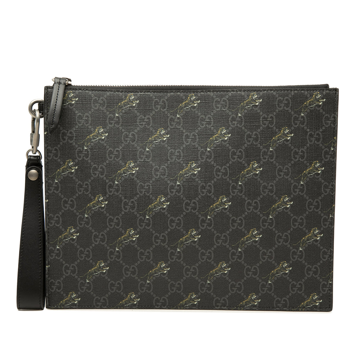 Gucci GG Supreme Tigers Zip Wristlet Pouch — Black