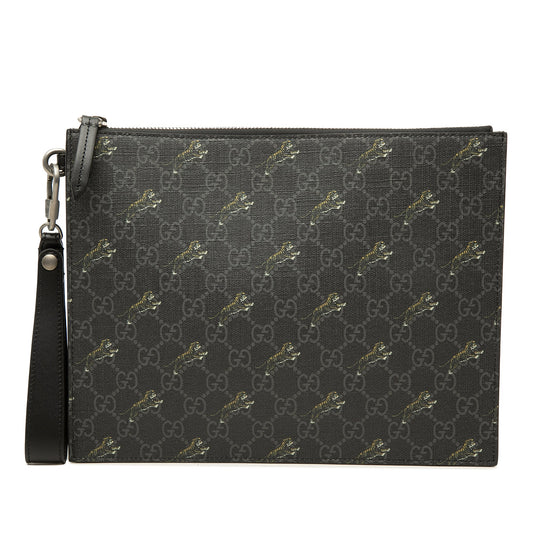 Gucci GG Supreme Tigers Zip Wristlet Pouch — Black