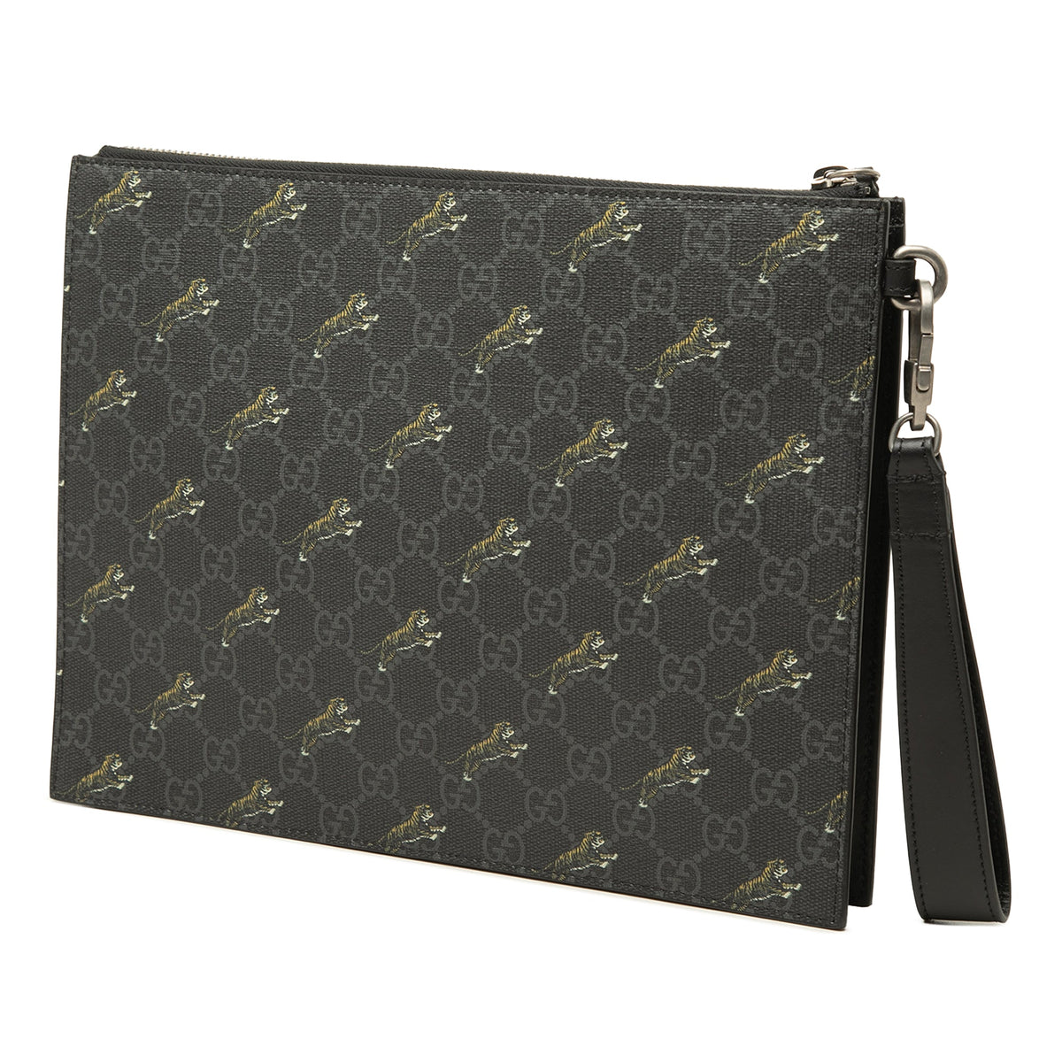 Gucci GG Supreme Tigers Zip Wristlet Pouch — Black
