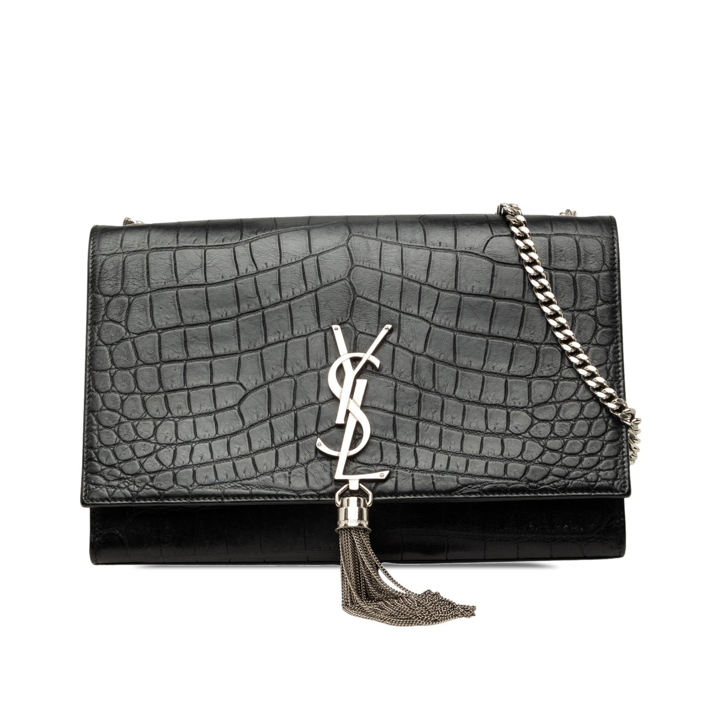 Saint Laurent Medium Croc Embossed Leather Monogram Kate Tassel Crossbody