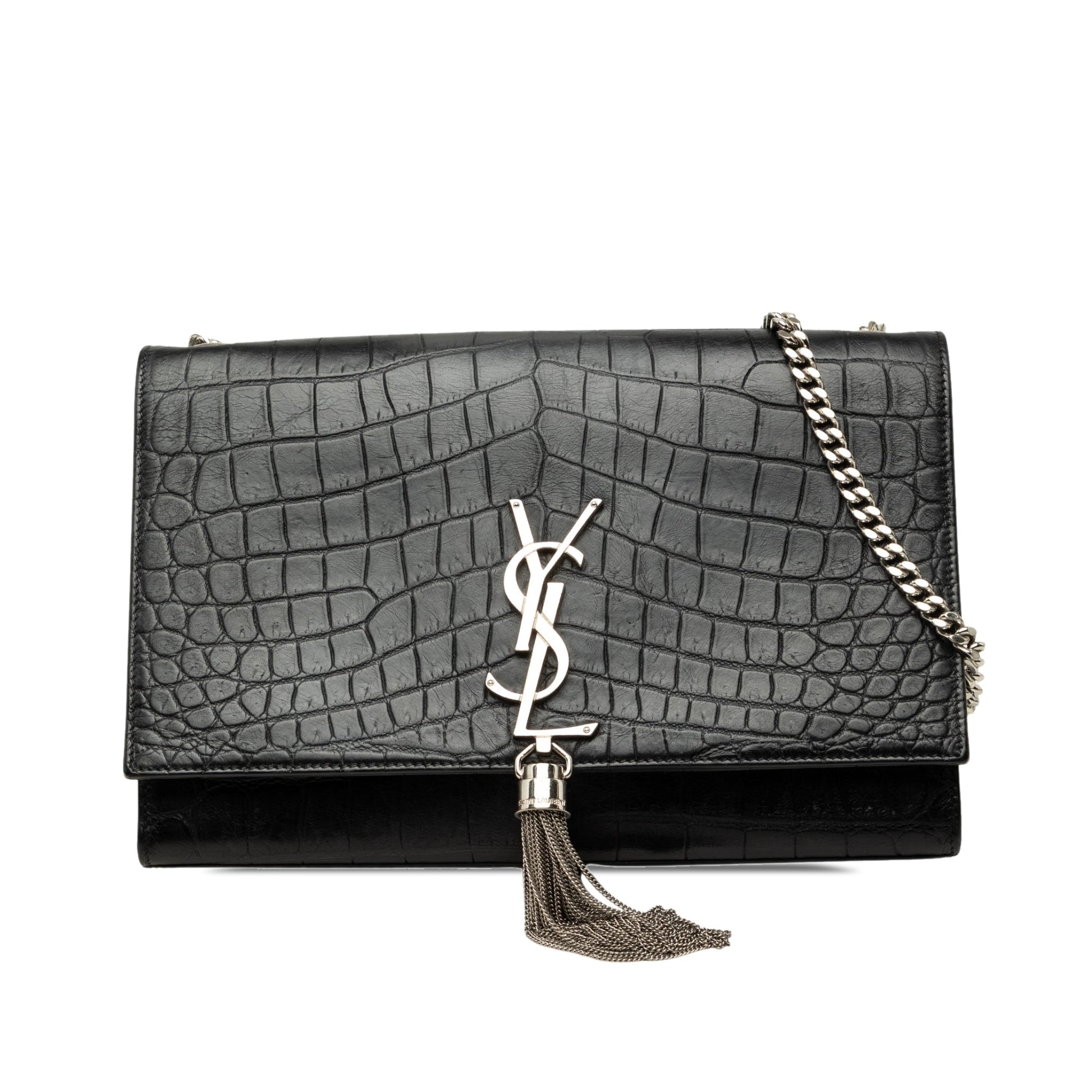 Saint Laurent Medium Croc Embossed Leather Monogram Kate Tassel Crossbody