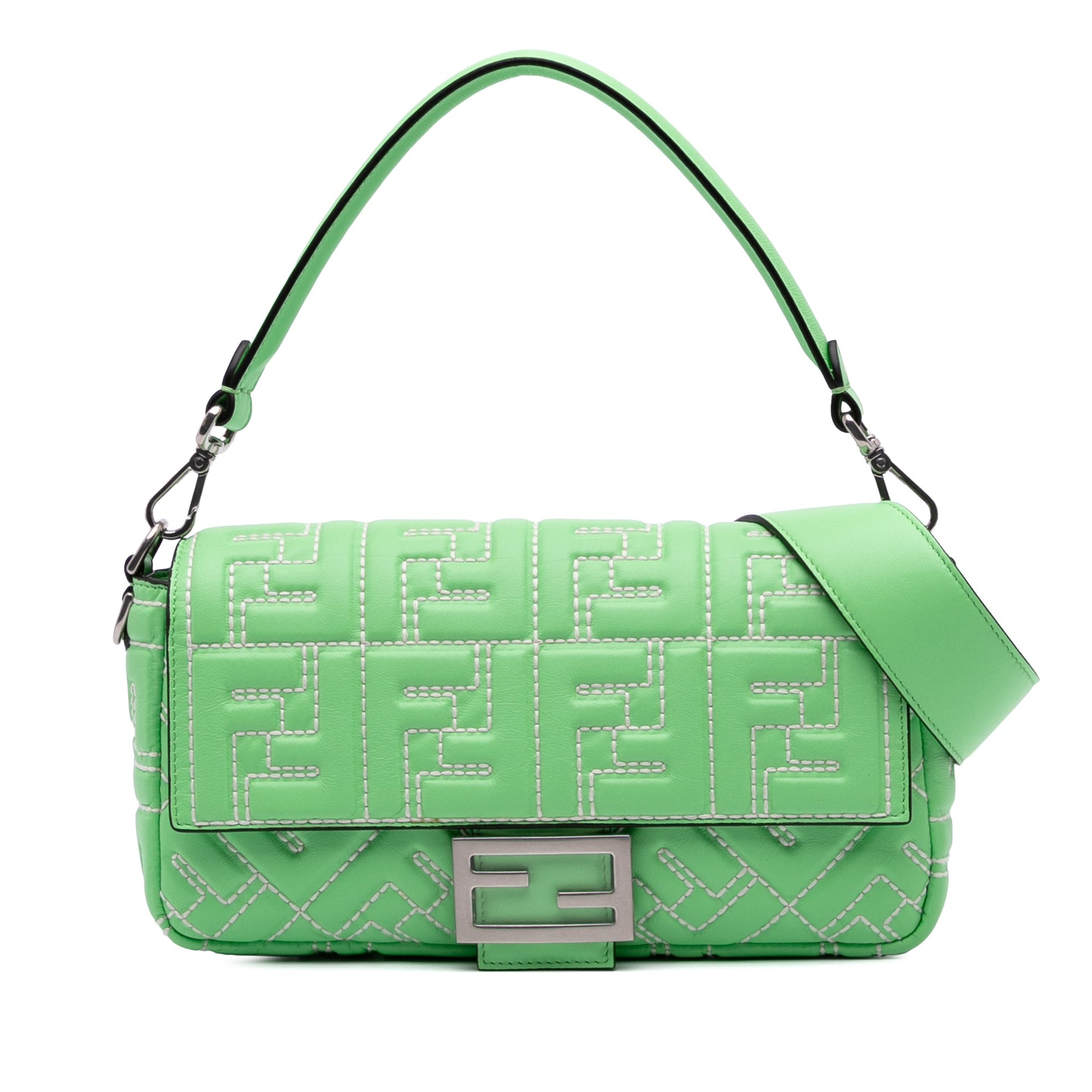 Fendi Zucca Embossed Stitched Leather Baguette Satchel