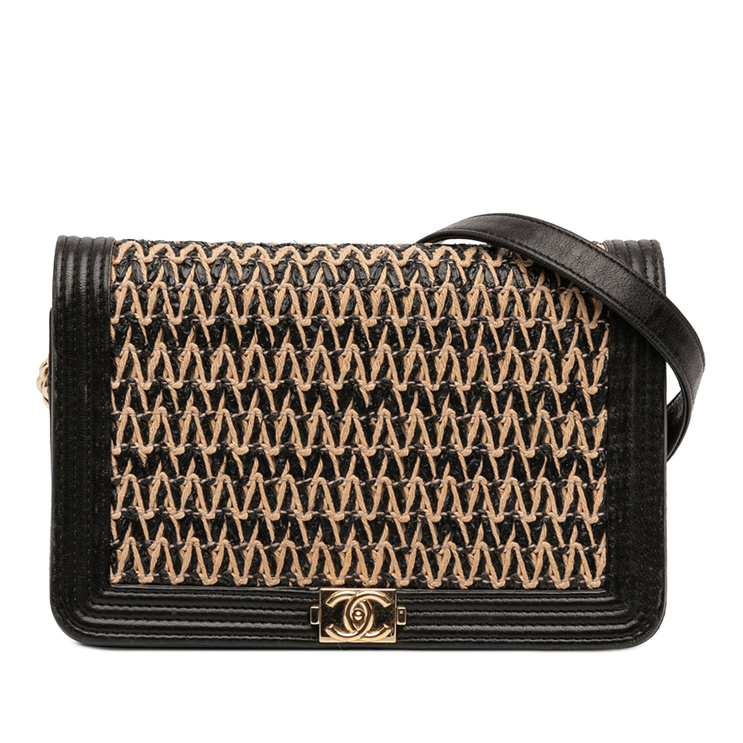 Chanel Lambskin and Woven Raffia Boy Wallet on Chain