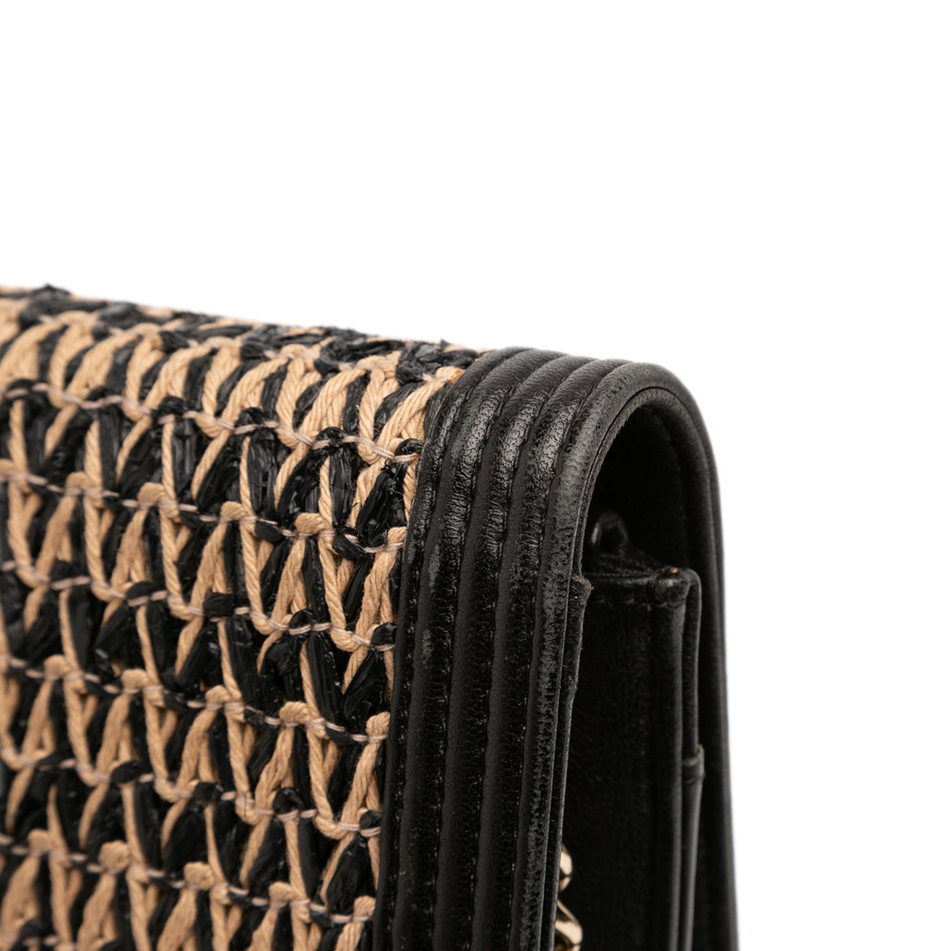 Chanel Lambskin and Woven Raffia Boy Wallet on Chain