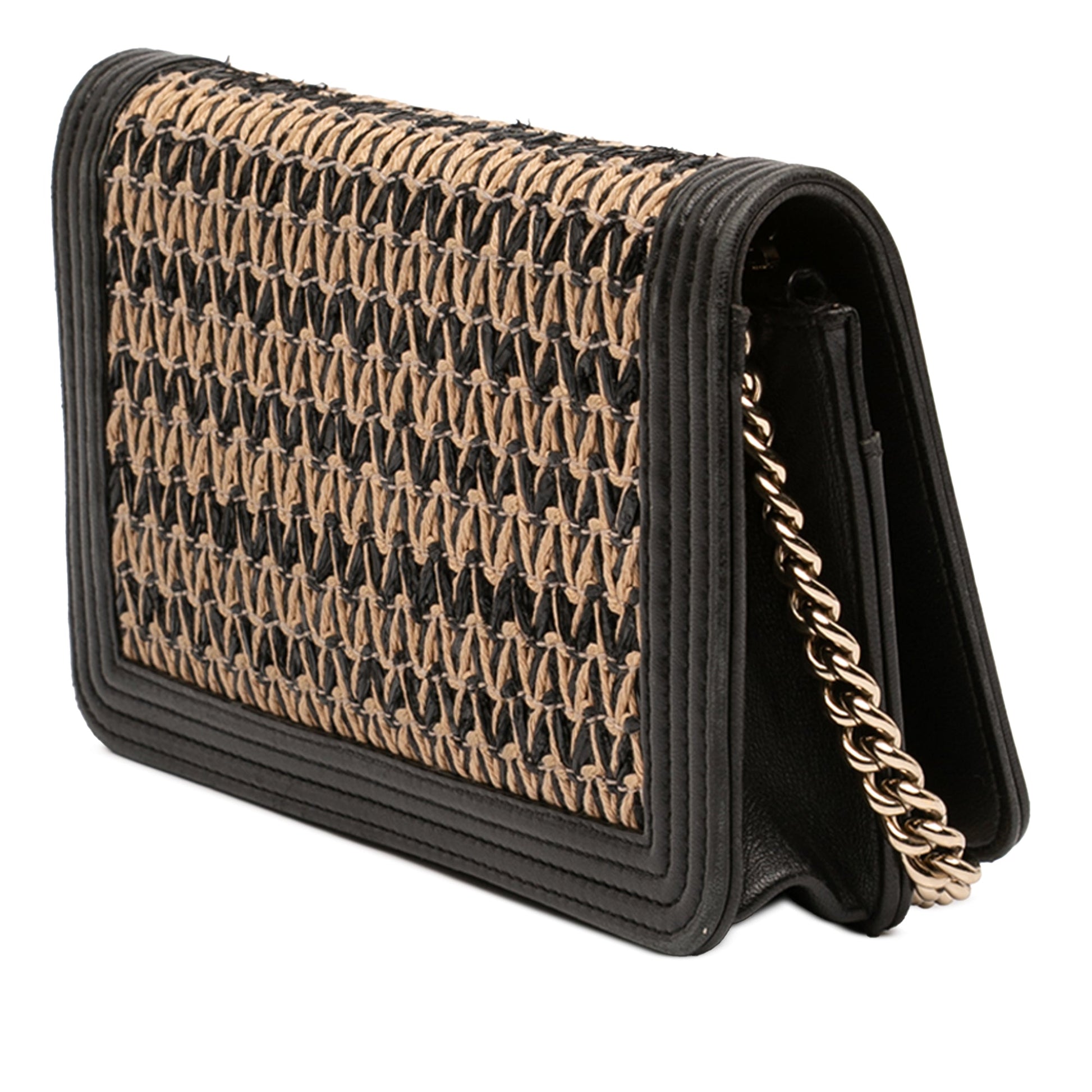 Chanel Lambskin and Woven Raffia Boy Wallet on Chain