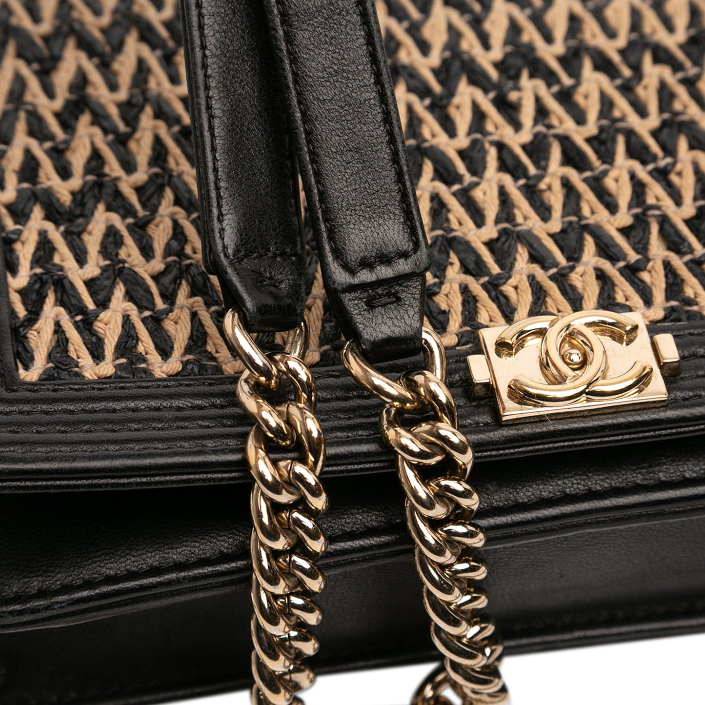 Chanel Lambskin and Woven Raffia Boy Wallet on Chain
