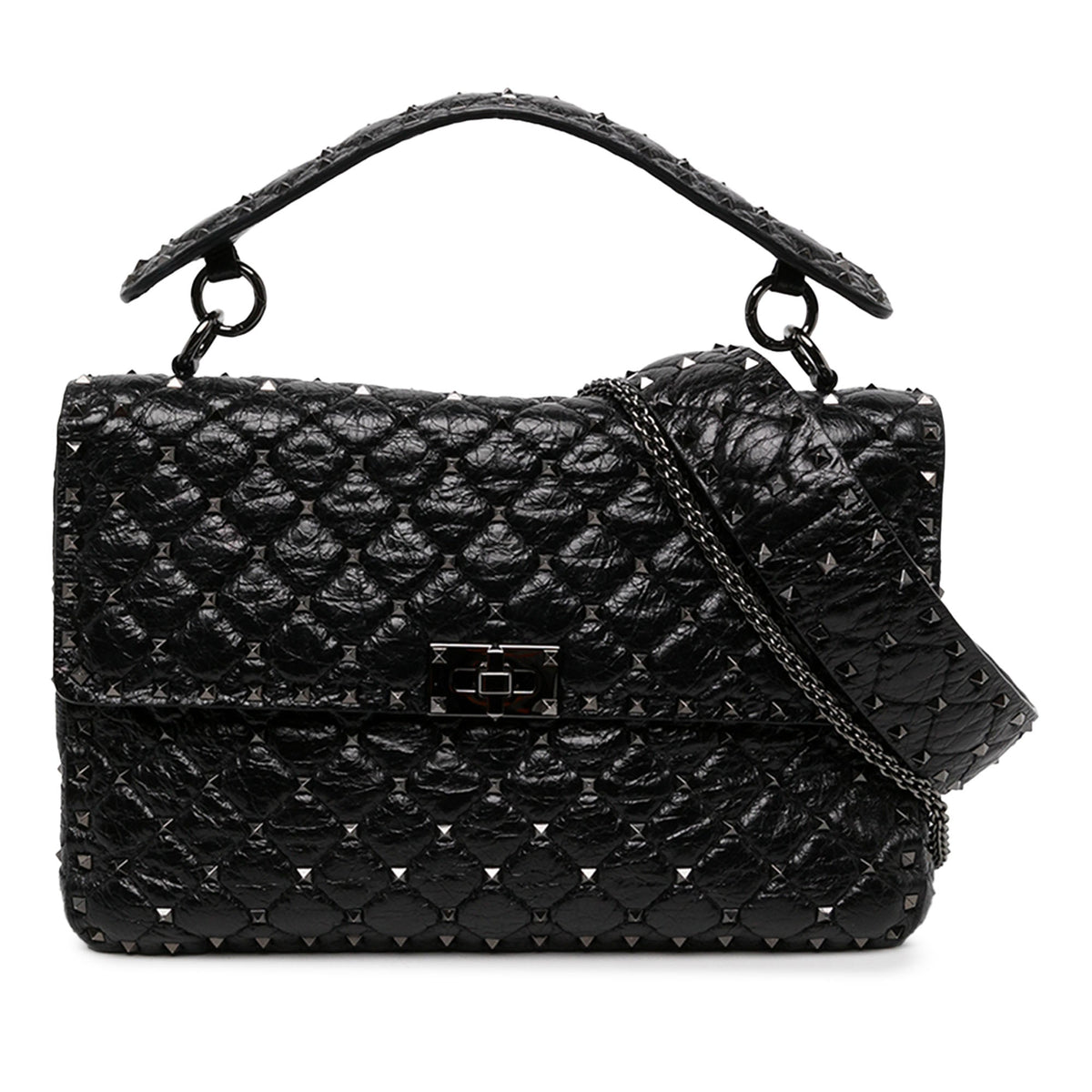 Valentino Large Crinkled Nappa Rockstud Spike Satchel — Black