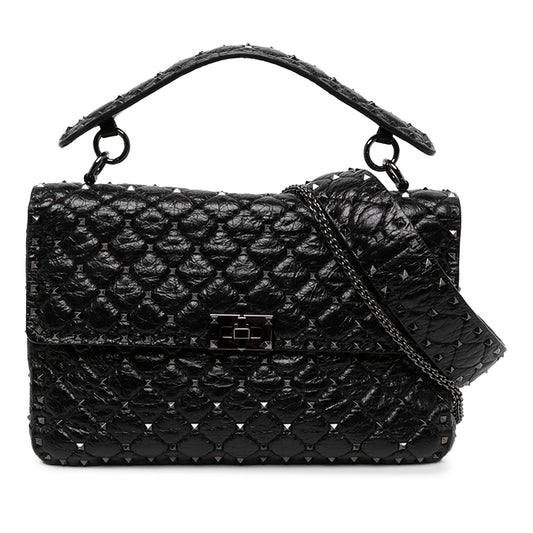 Valentino Large Crinkled Nappa Rockstud Spike Satchel — Black