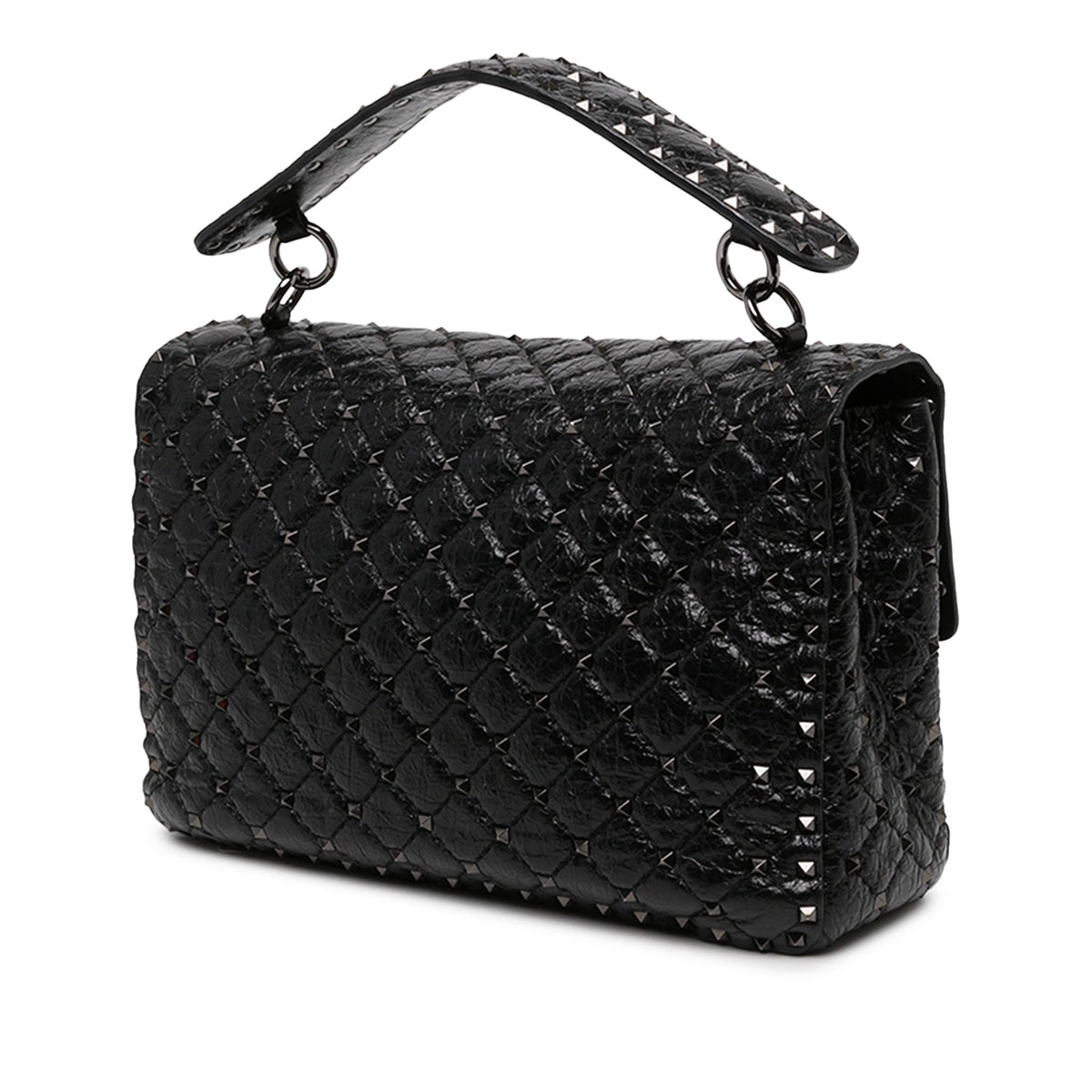 Valentino Large Crinkled Nappa Rockstud Spike Satchel — Black