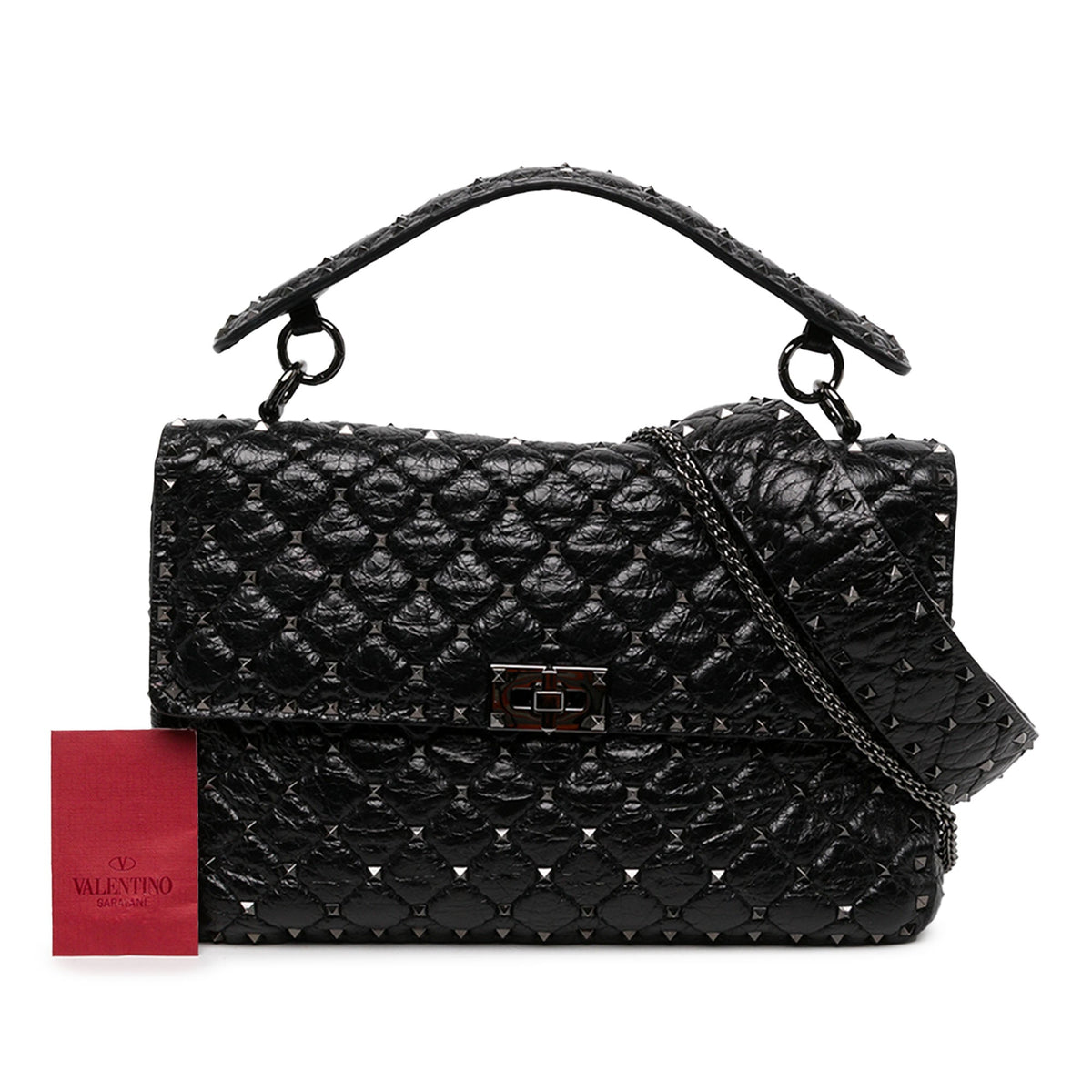 Valentino Large Crinkled Nappa Rockstud Spike Satchel — Black