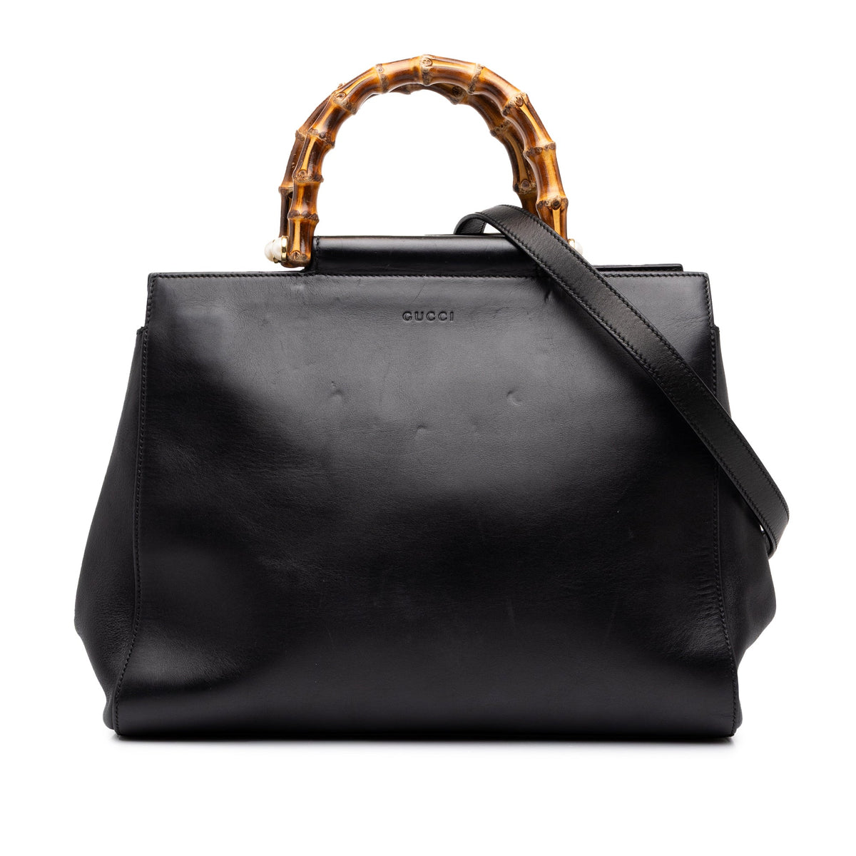 Gucci Medium Leather Bamboo Nymphaea Satchel — Black