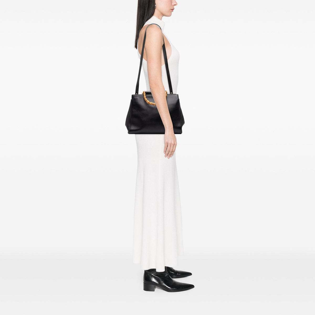 Gucci Medium Leather Bamboo Nymphaea Satchel — Black