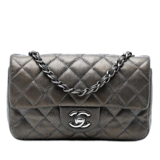 Mini Rectangular Classic Metallic Caviar Single Flap