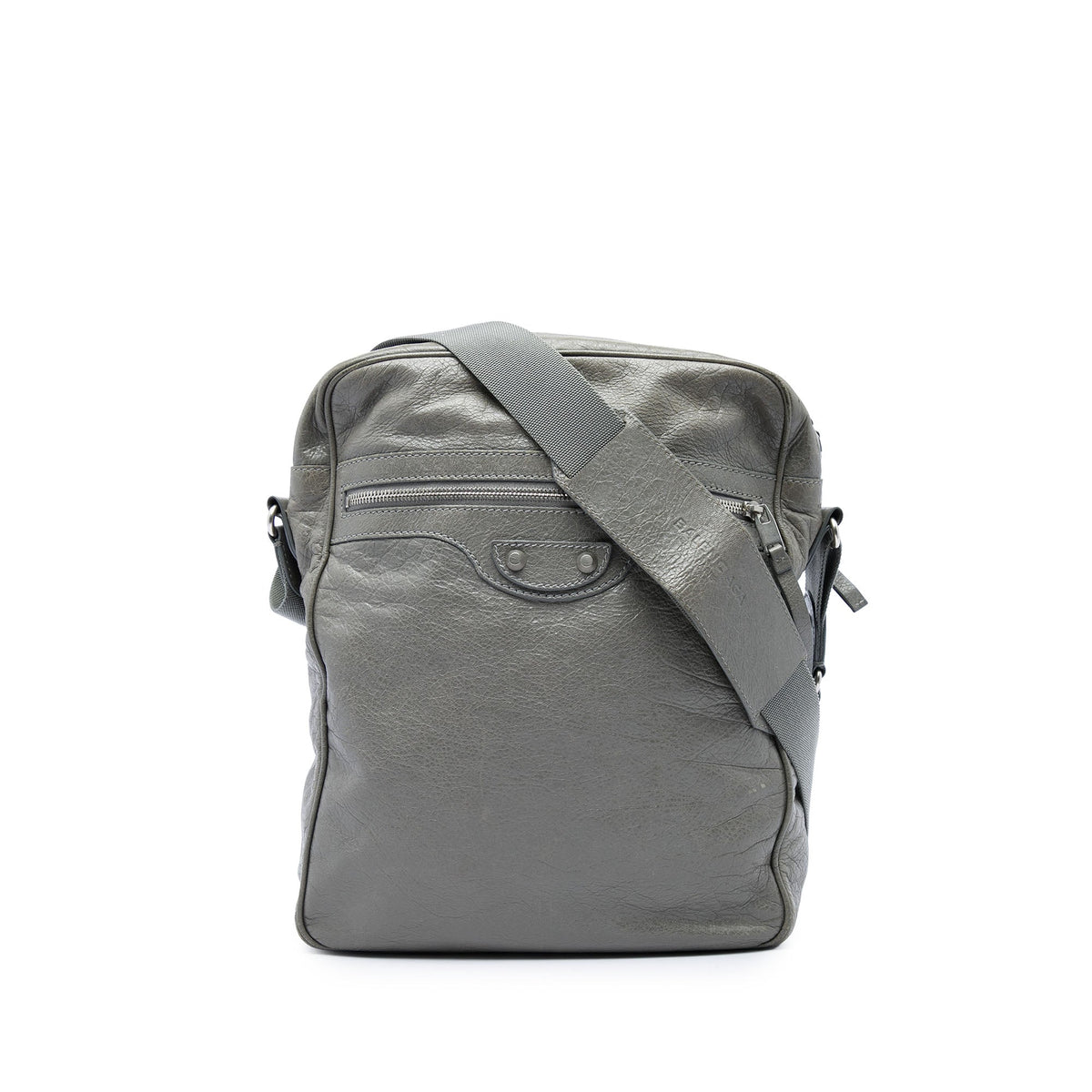 Balenciaga Lambskin Motocross Classic Reporter Crossbody — Gray