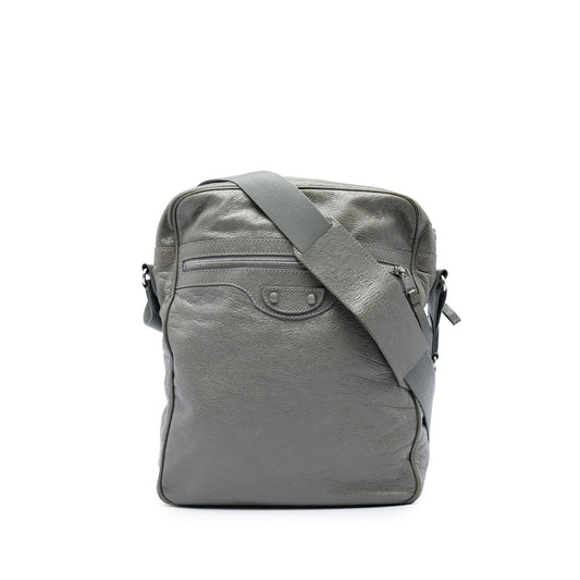 Balenciaga Lambskin Motocross Classic Reporter Crossbody — Gray