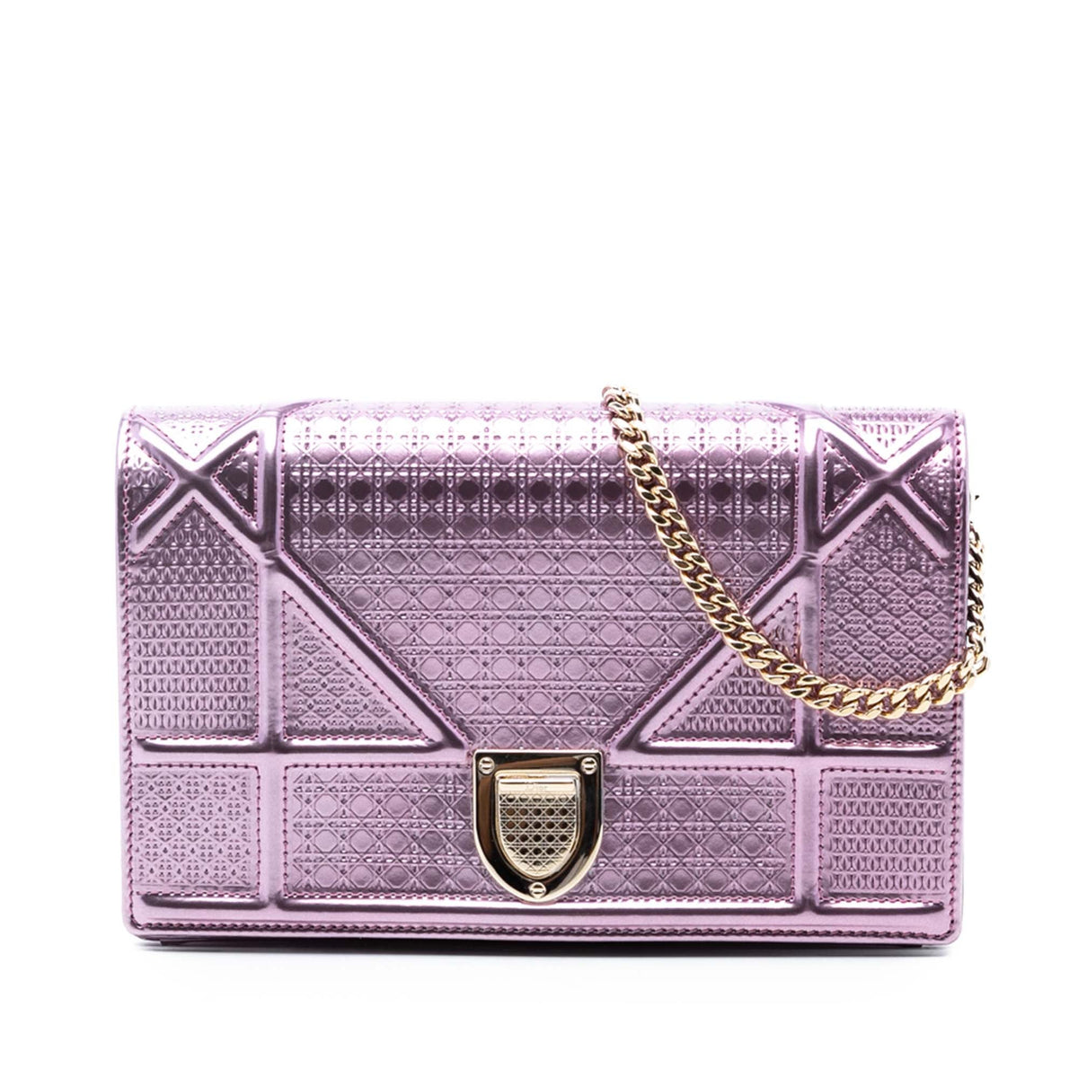 Dior Metallic Patent Microcannage Diorama Wallet on Chain — Pink