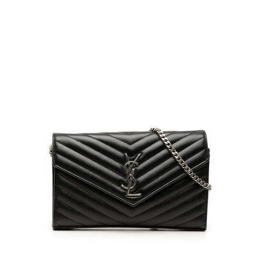 Saint Laurent Grain De Poudre Chevron Monogram Envelope Chain Wallet