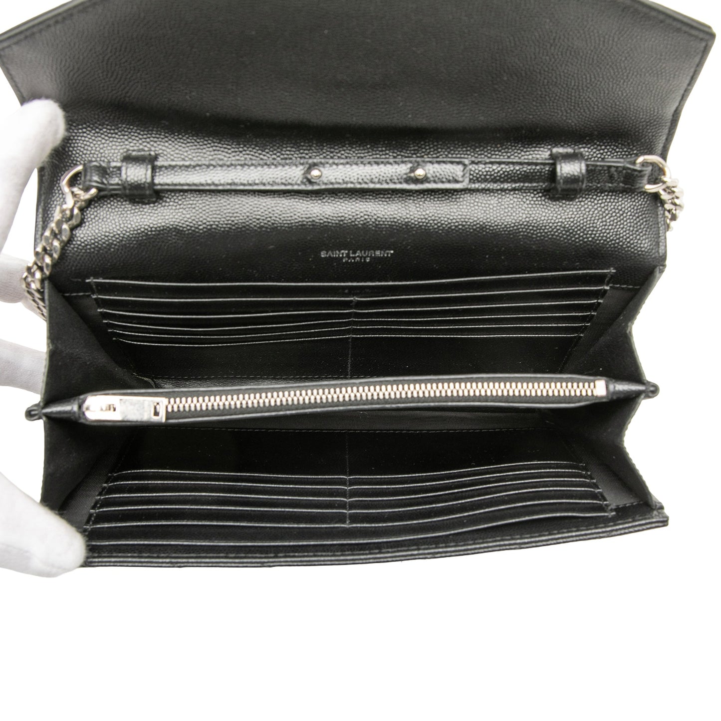 Saint Laurent Grain De Poudre Chevron Monogram Envelope Chain Wallet