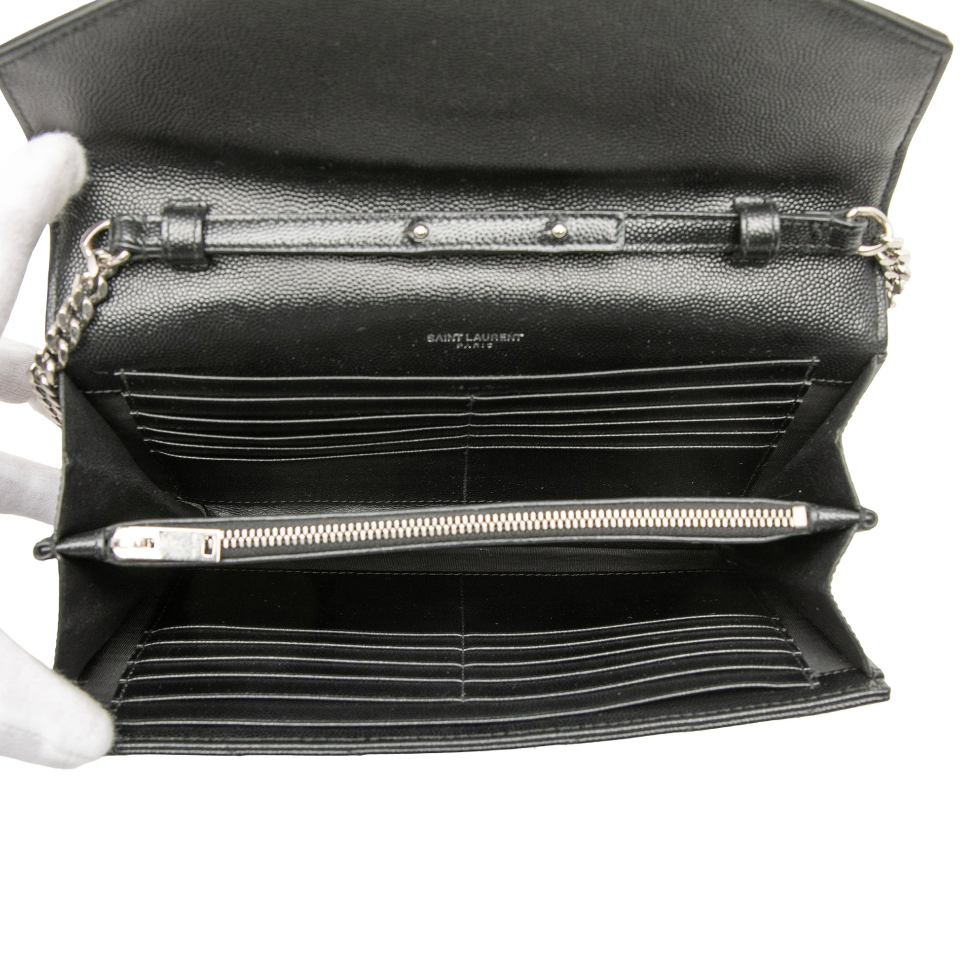 Saint Laurent Grain De Poudre Chevron Monogram Envelope Chain Wallet