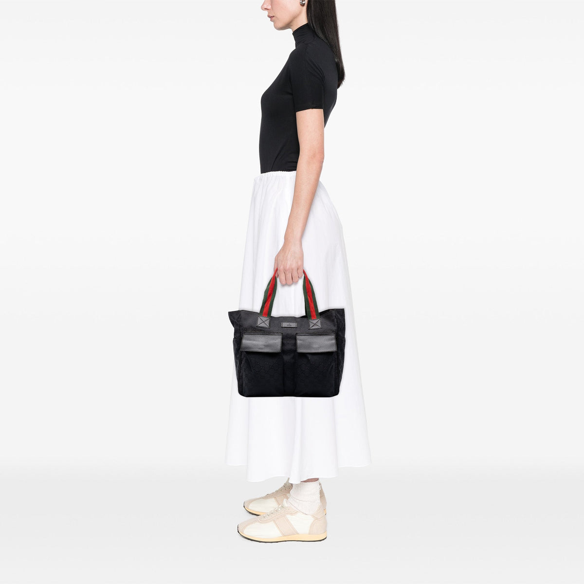 Gucci GG Canvas Web Double Pockets Tote — Black
