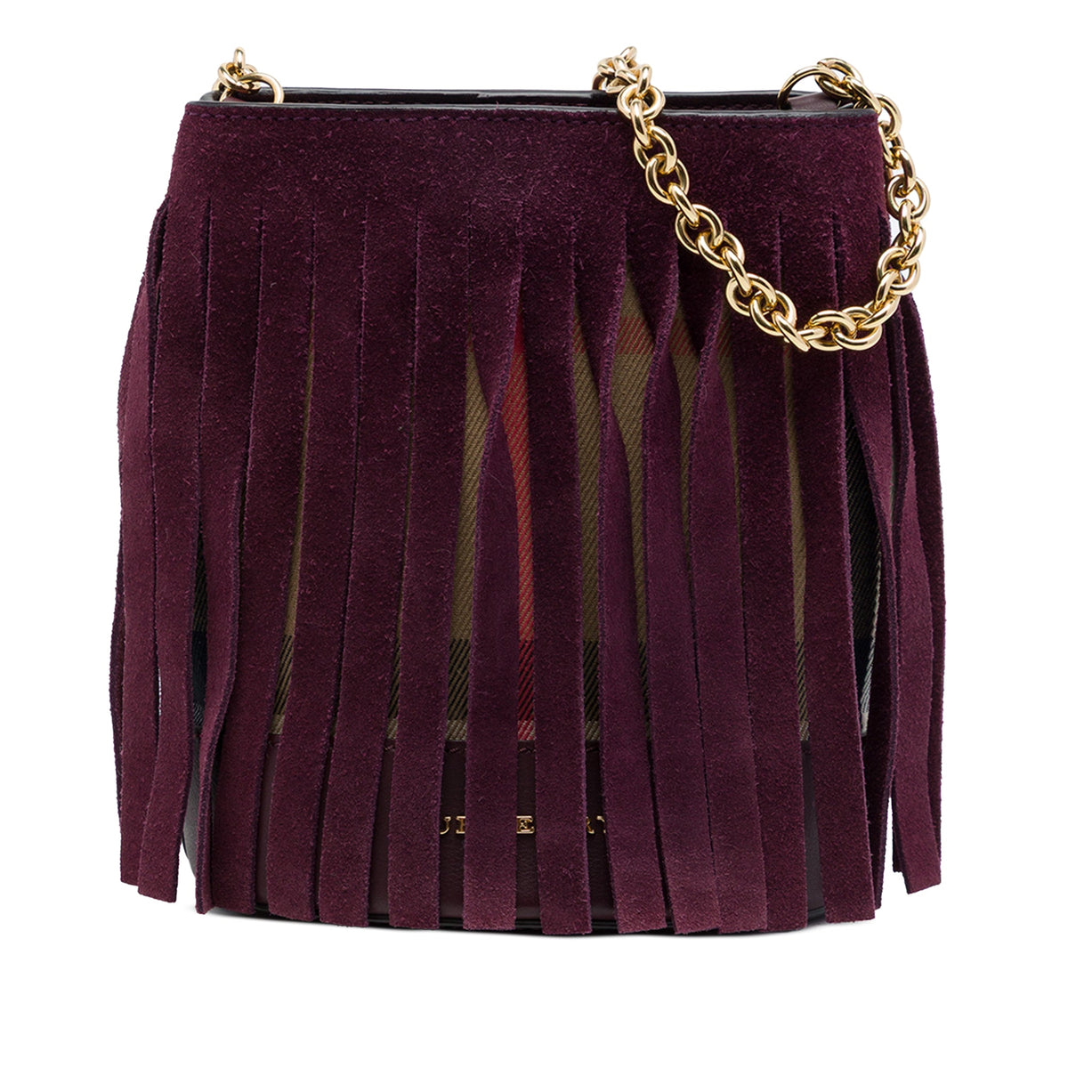 Burberry Mega Check Canvas and Suede Fringe Bucket Bag — Red