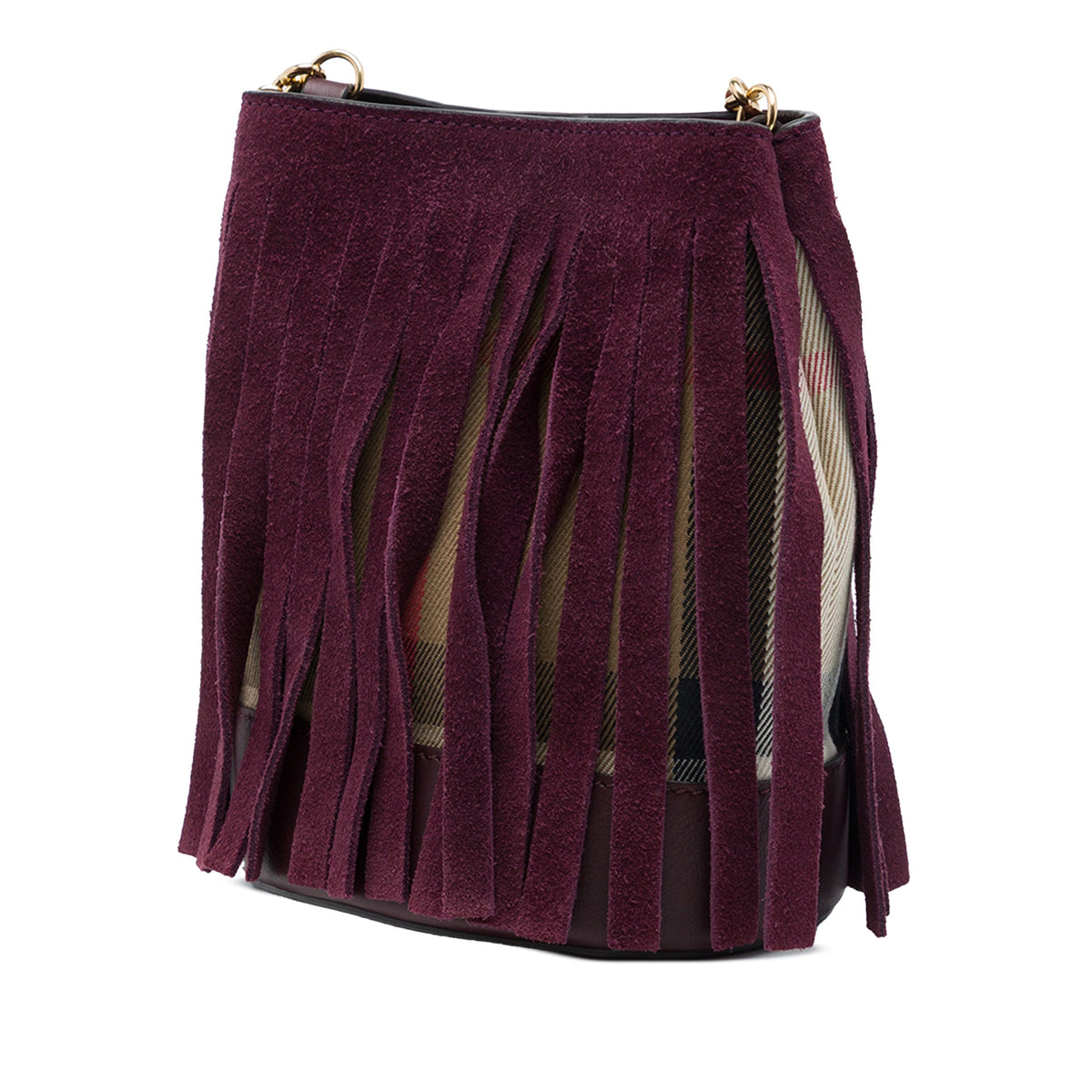 Burberry Mega Check Canvas and Suede Fringe Bucket Bag — Red