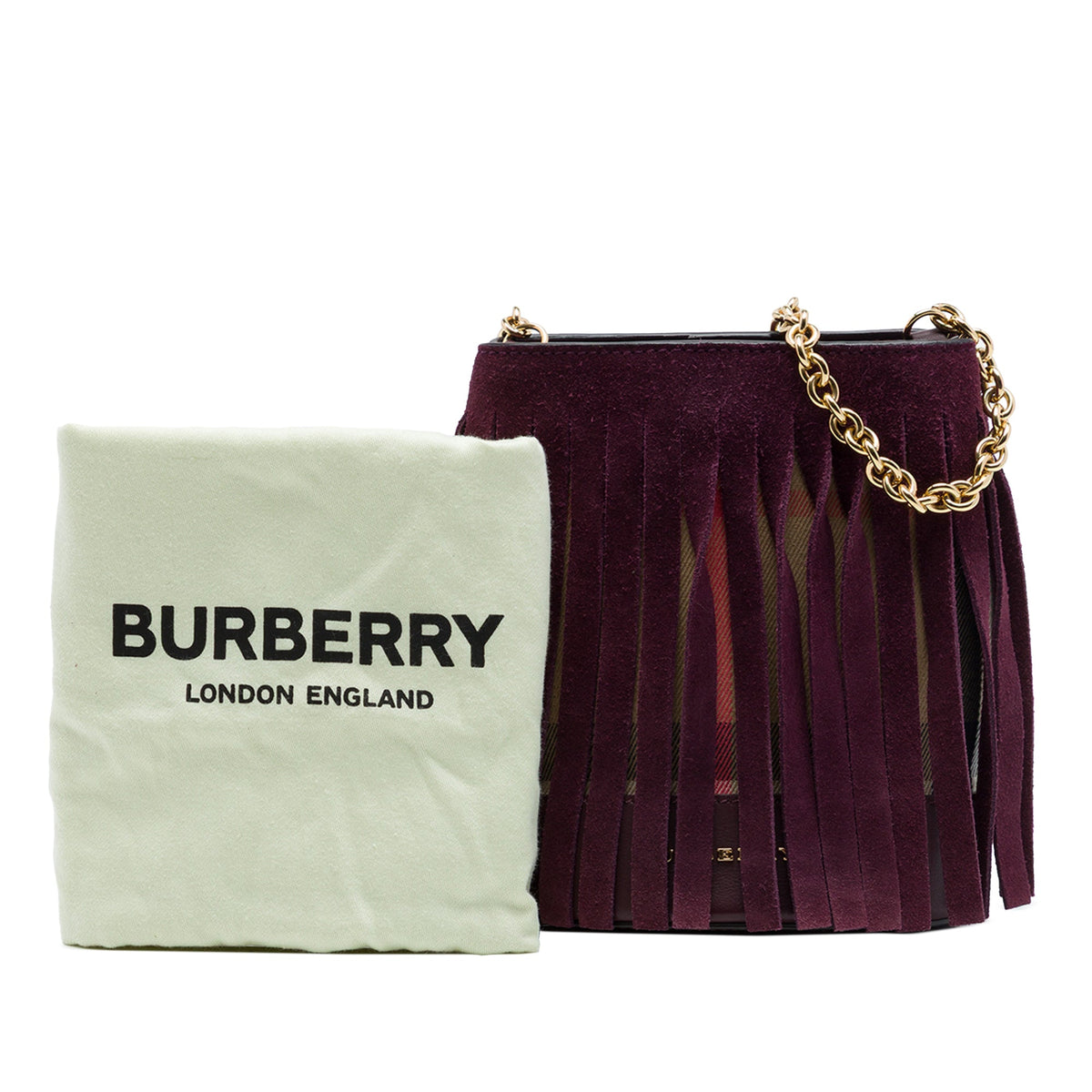 Burberry Mega Check Canvas and Suede Fringe Bucket Bag — Red