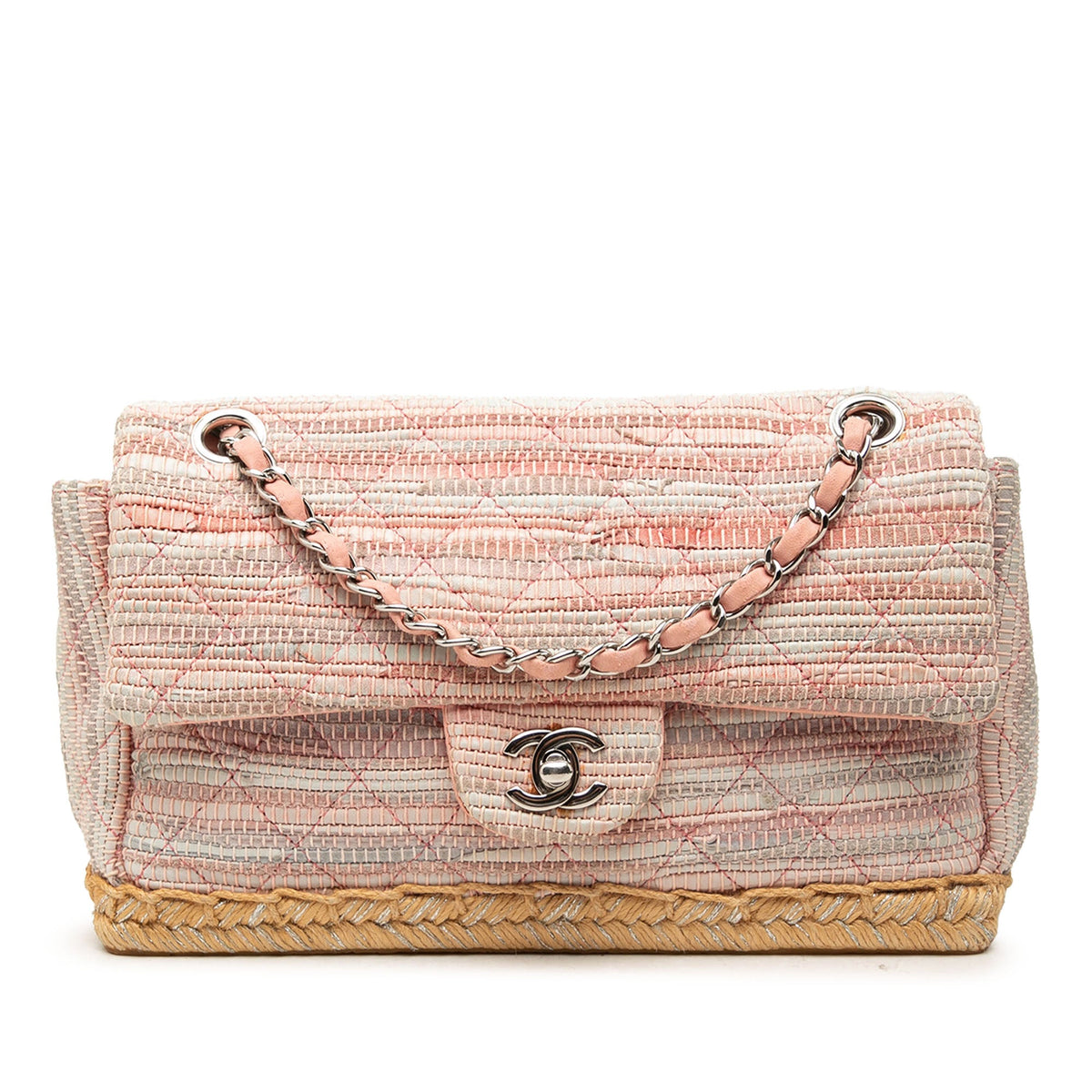 Chanel Quilted Cotton and  Jute Espadrille Chain Flap — Pink