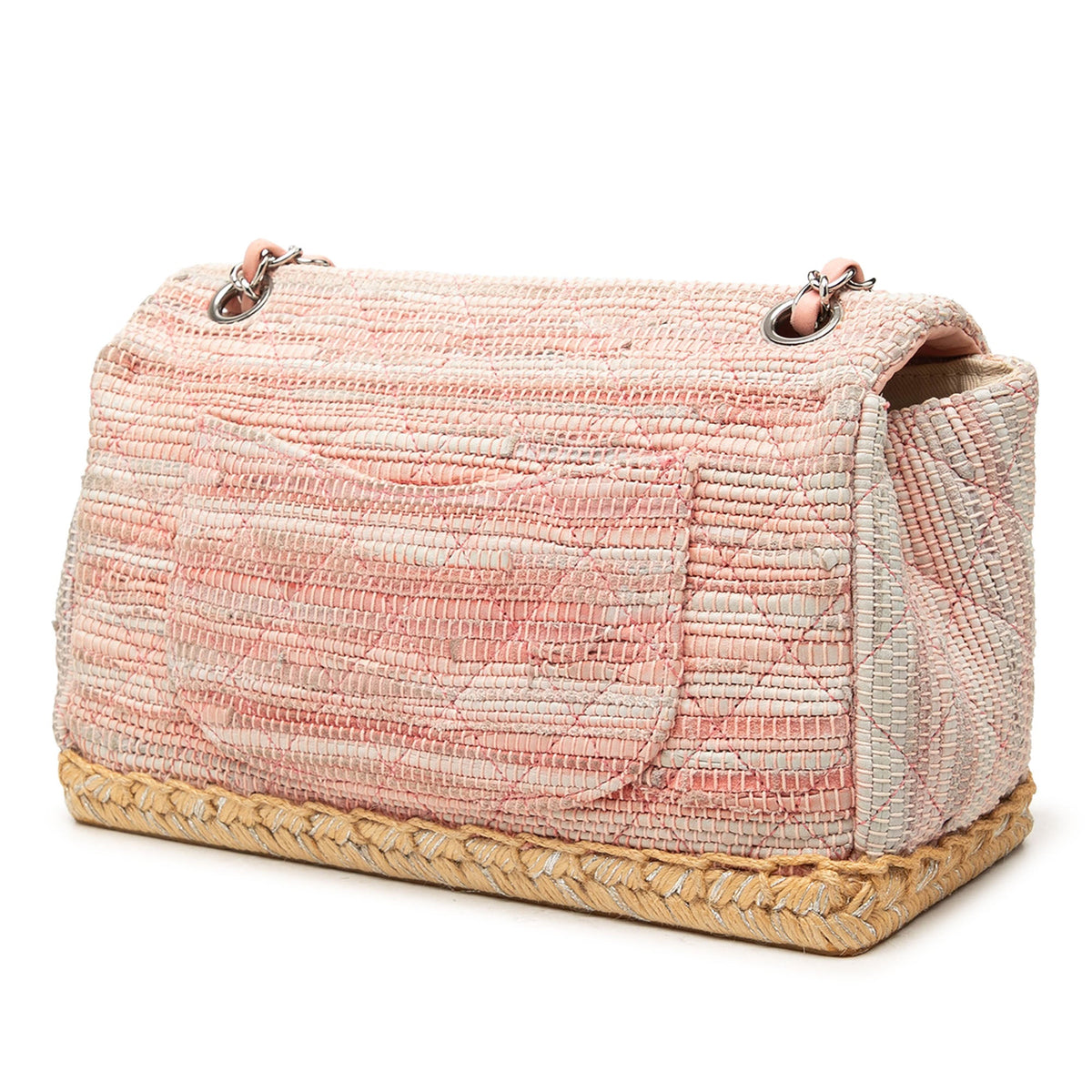 Chanel Quilted Cotton and  Jute Espadrille Chain Flap — Pink