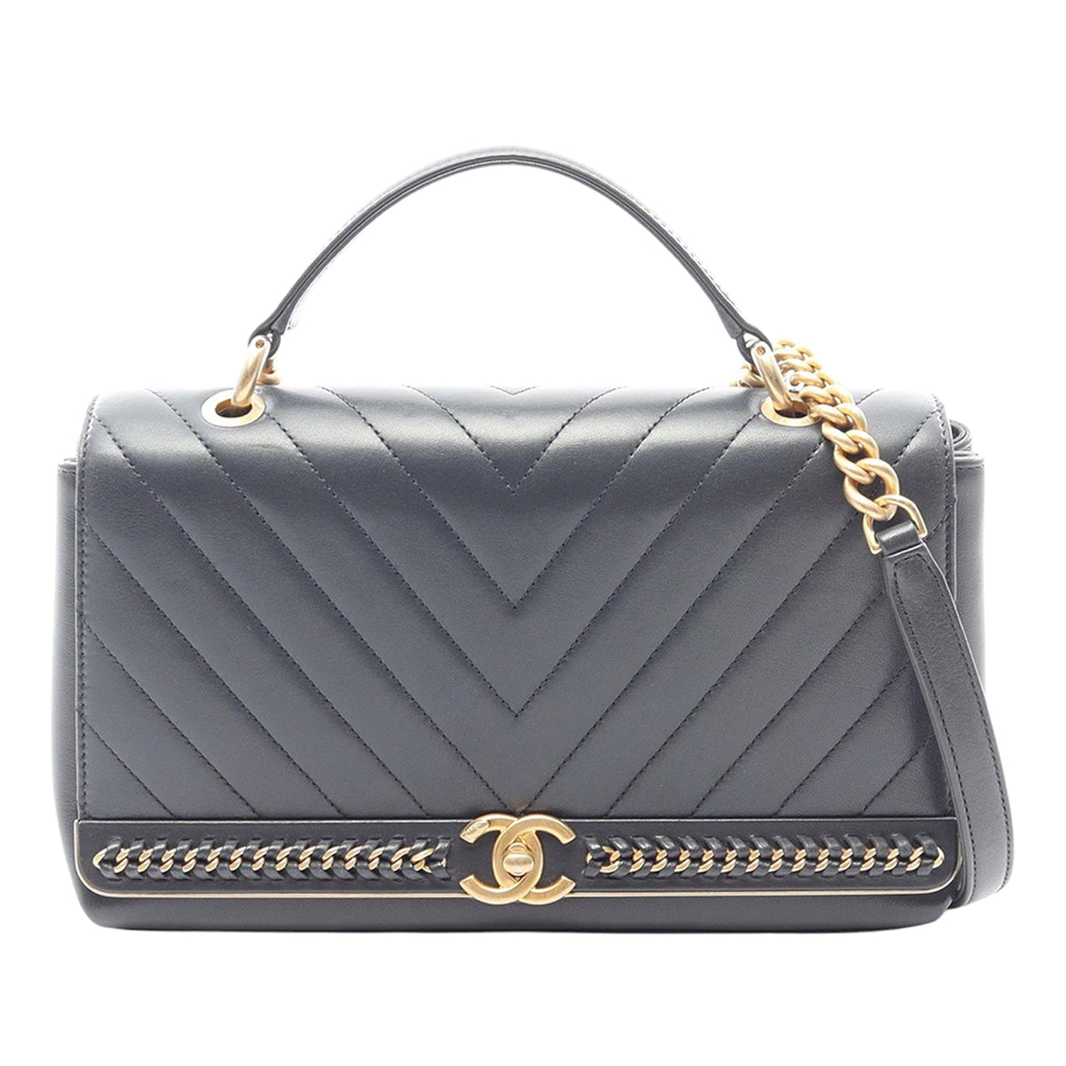 Chanel Chevron Sheepskin Stitched Chain Top Handle Flap
