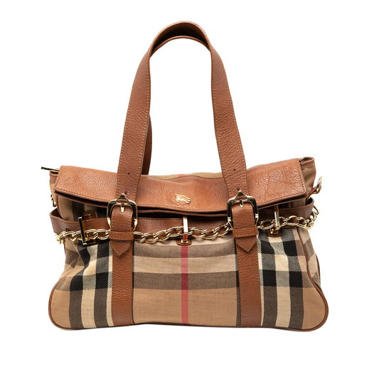 Burberry Leather Trimmed House Check Canvas Handbag