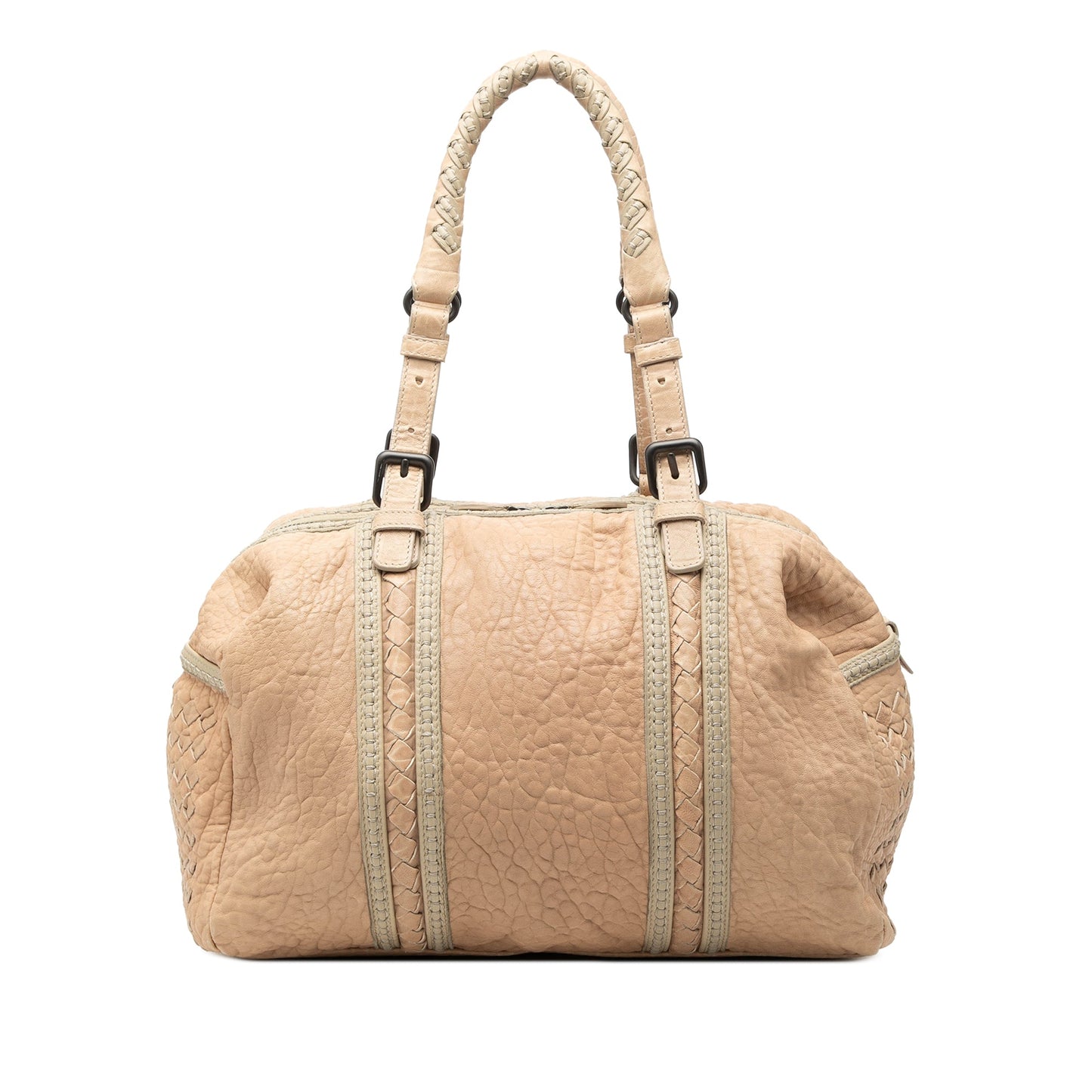Bottega Veneta Intrecciato Trimmed Pebbled Lambskin Top Handle Bag