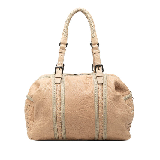 Bottega Veneta Intrecciato Trimmed Pebbled Lambskin Top Handle Bag
