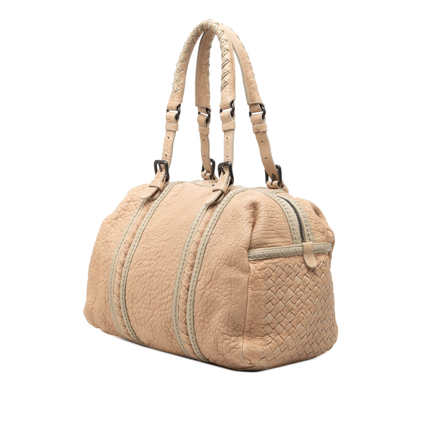 Bottega Veneta Intrecciato Trimmed Pebbled Lambskin Top Handle Bag
