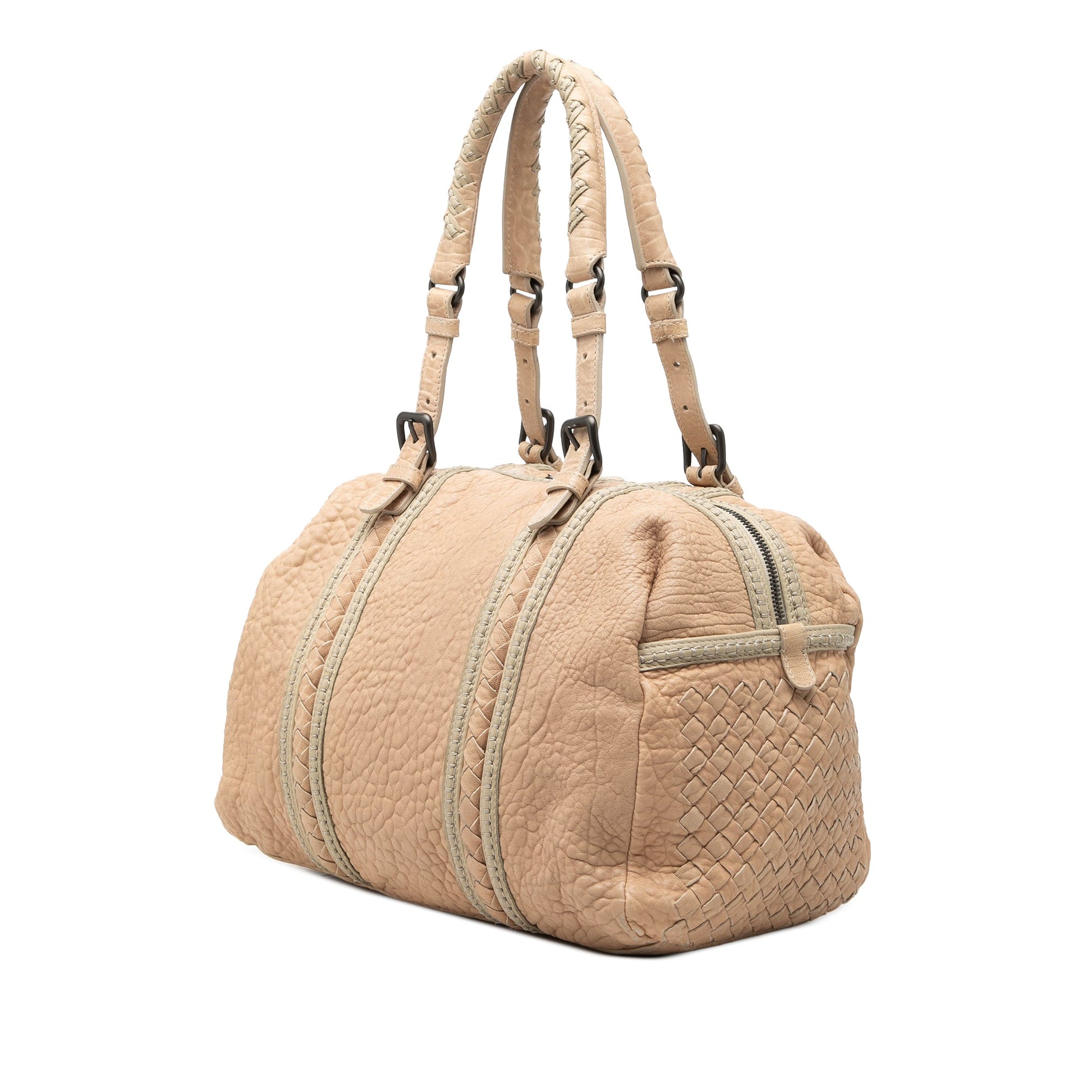 Bottega Veneta Intrecciato Trimmed Pebbled Lambskin Top Handle Bag