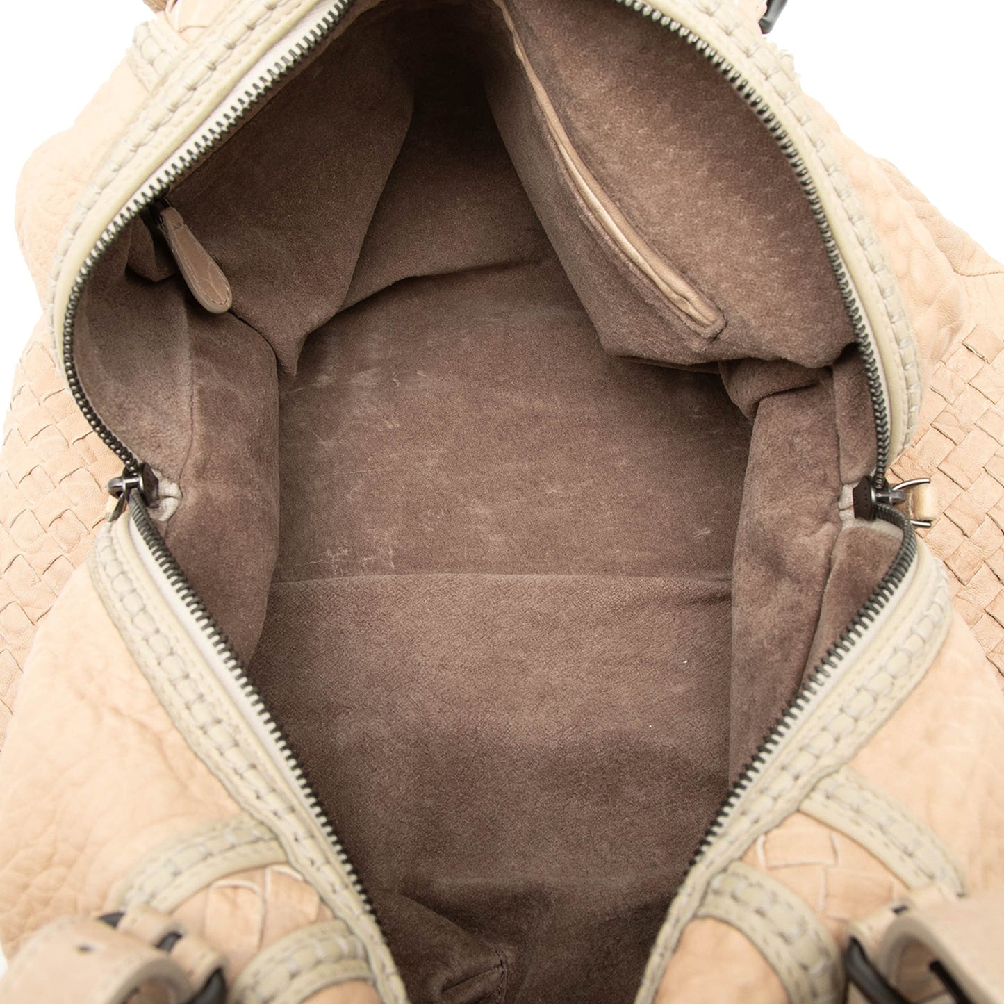 Bottega Veneta Intrecciato Trimmed Pebbled Lambskin Top Handle Bag