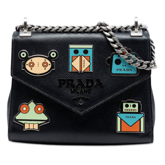 Prada Saffiano Cuir Monochrome Robot Patches Envelope Chain Flap